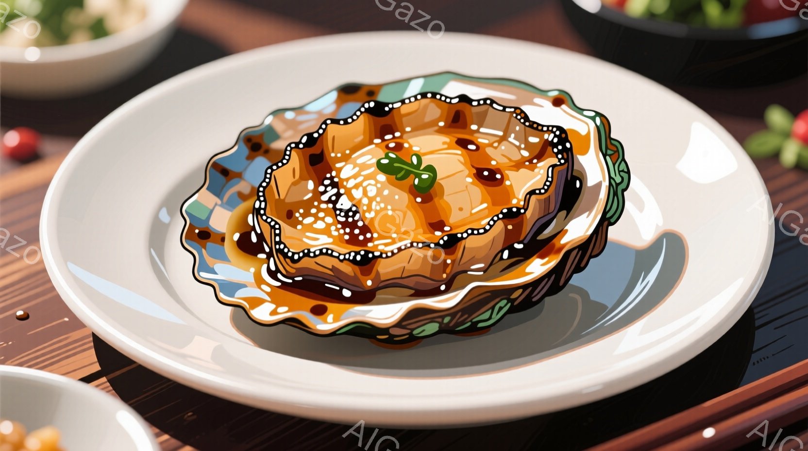 白い皿に盛られた、ソースがかかった複雑な料理が写っています。料理は層状になっており、緑色の葉で縁取られています。背景には、他の料理の一部と、木製のテーブルの質感が見られます。 - AI生成フリー素材