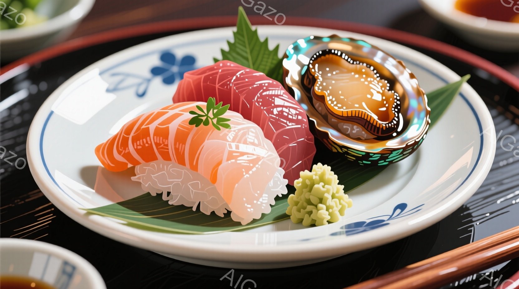 白い縁取りのある白い皿に、様々な寿司が美しく盛り付けられています。サーモン、マグロ、エビの握り寿司の他に、貝の刺身が添えられ、わさびが添えられています。黒い台の上に置かれ、箸が少し見え、全体的に上品で - AI生成フリー素材