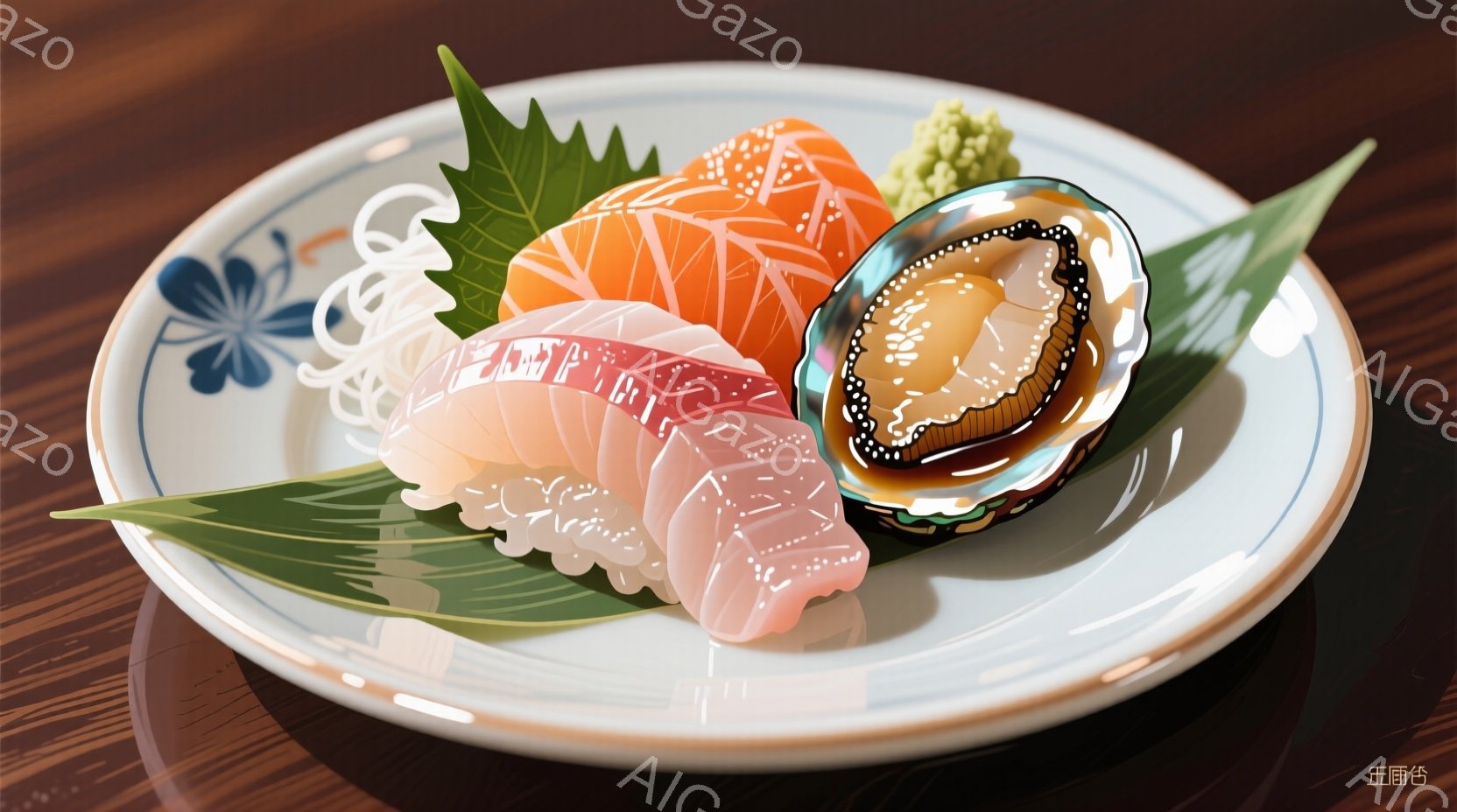 鮮やかな白磁の皿に、数切れの寿司が盛り付けられています。サーモン、マグロ、そしてホタテの握りが、緑色の葉とピンク色の生姜のガリと一緒に、美しく配置されています。背景は木目調のテーブルで、全体的に清潔で上品な印象を与えます。