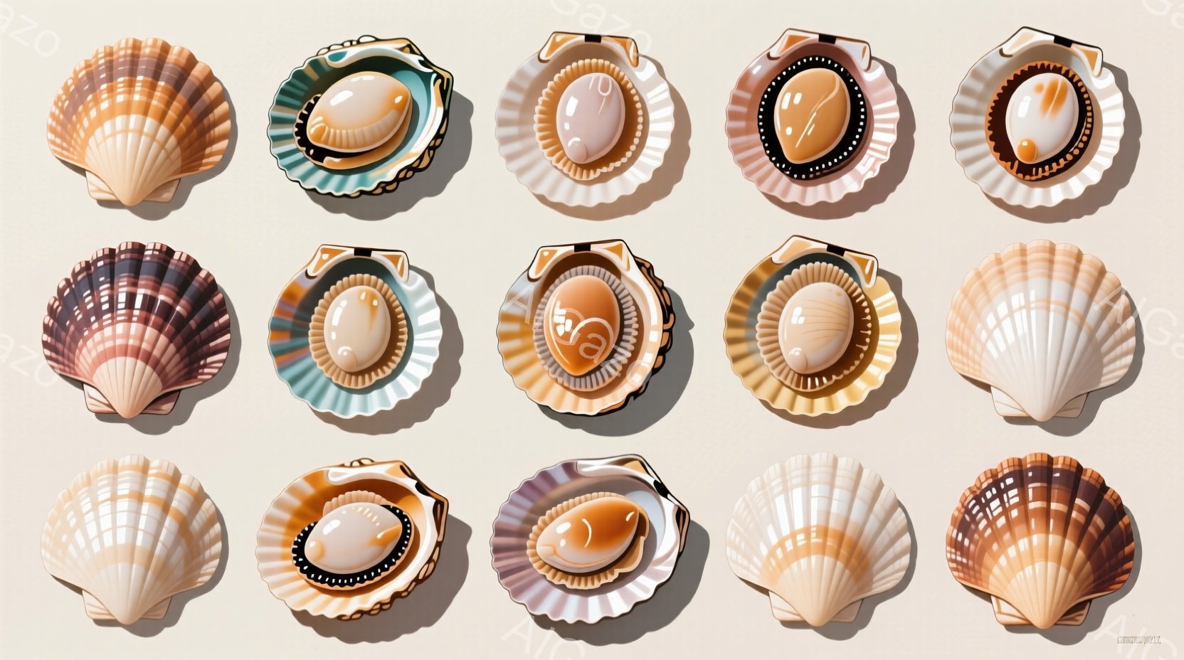 さまざまな貝殻が規則的に並べられたものです。貝殻の色合いは、白、茶色、ピンク、黒など多岐にわたり、それぞれ独特の模様を持っています。背景は均一な淡い色調で、貝殻の色彩と質感が際立っています。 - AI生成フリー素材
