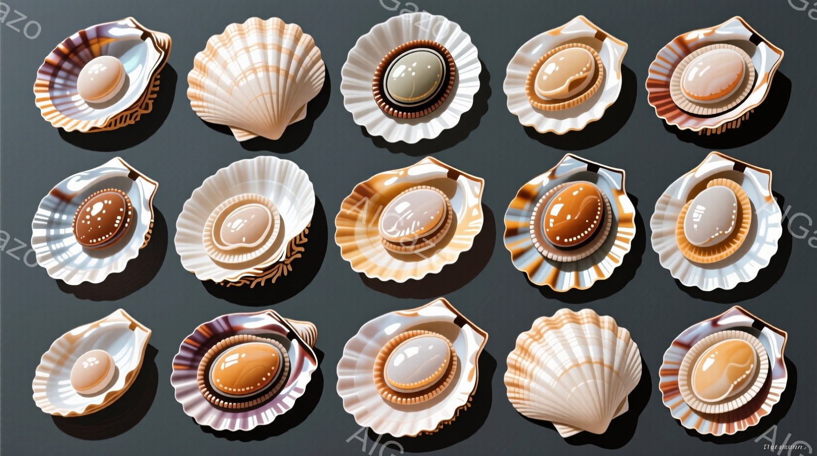 様々な色合いと模様を持つ巻き貝のコレクションです。それぞれの巻き貝は、光沢のある内側と、オレンジ、茶色、白の微妙なグラデーションが特徴的です。背景は暗いグレーで、巻き貝が際立って見えます。
