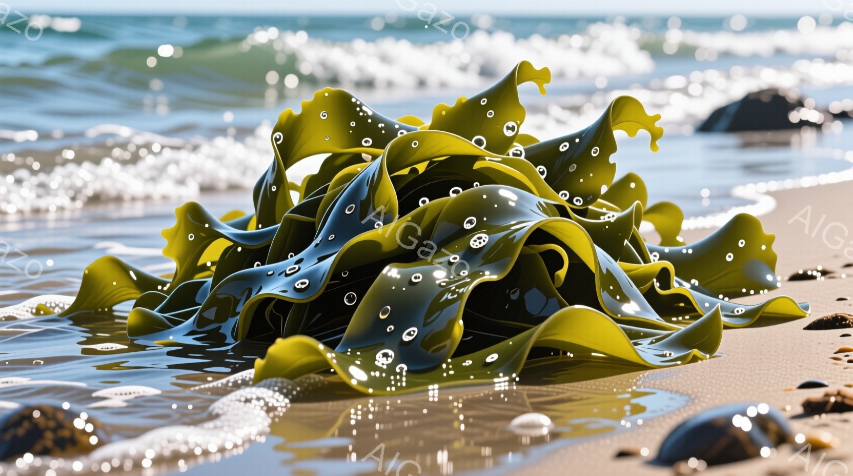 海岸の砂浜に海藻が打ち上げられている様子を捉えた写真です。緑色の海藻は湿り気を帯びた砂の上に広がり、表面には水滴が輝いています。背景には穏やかな波と岩場が見え、全体的に静かで自然な雰囲気を醸し出しています。