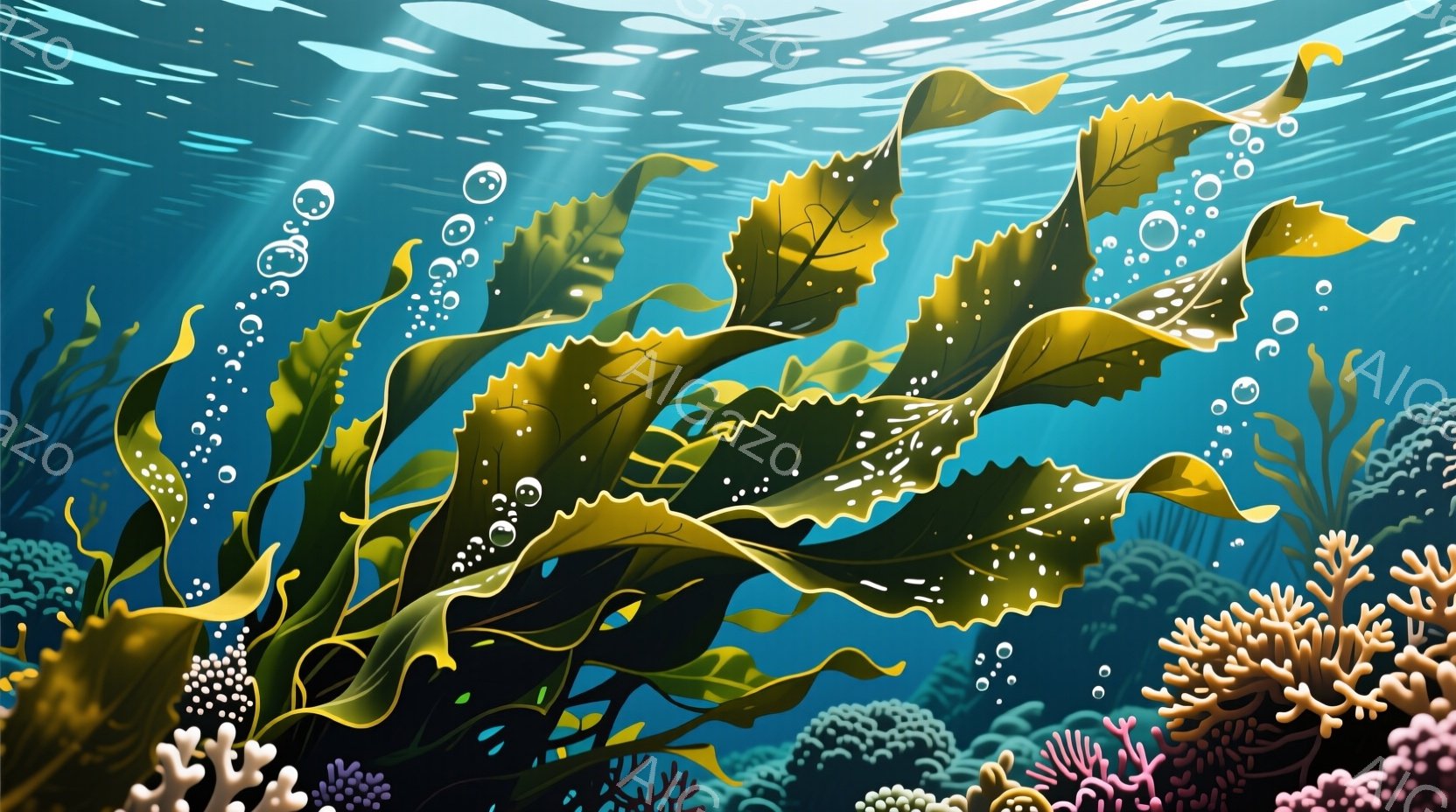 海中の鮮やかな光景が描かれている。茶色と黄色の海藻が画面の中心で大きく広がり、周囲にはピンクと白のサンゴ礁が点在している。光線が水面から差し込み、水中の泡が漂うことで、神秘的で穏やかな雰囲気が演出されている。