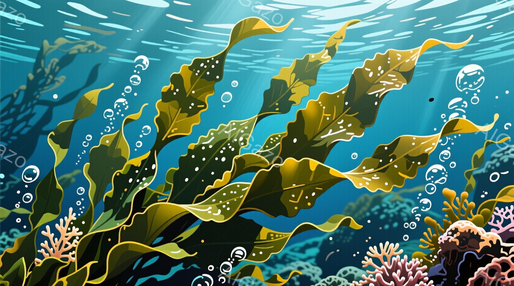 海中の光が差し込む様子が描かれた画像で、海藻やサンゴ礁が印象的です。海藻は茶色や緑色で、生き生きとした動きを表現しており、光を受けてキラキラと輝いています。背景には水中の光の筋が見られ、全体的に穏やか - AI生成フリー素材