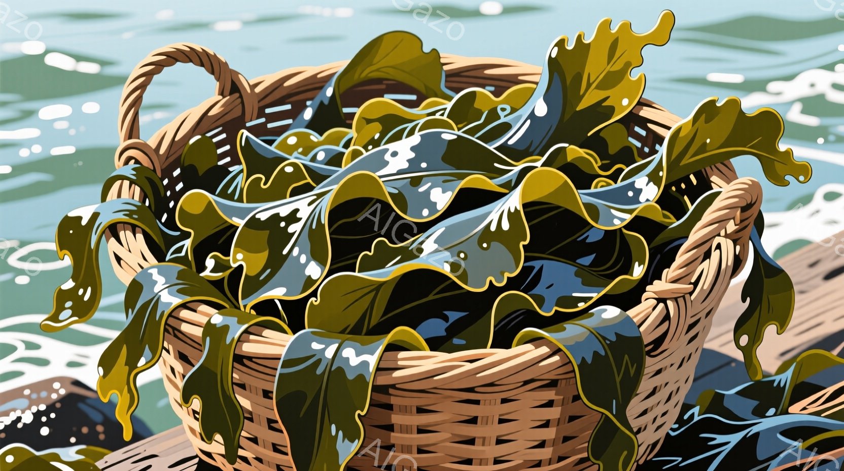籠の中に緑と茶色の海藻が大量に入っている様子が写っている。背景は水面で、波が光を反射してキラキラと輝いている。全体的に自然で落ち着いた雰囲気で、海から引き揚げられたばかりの新鮮な海の恵みが感じられる。