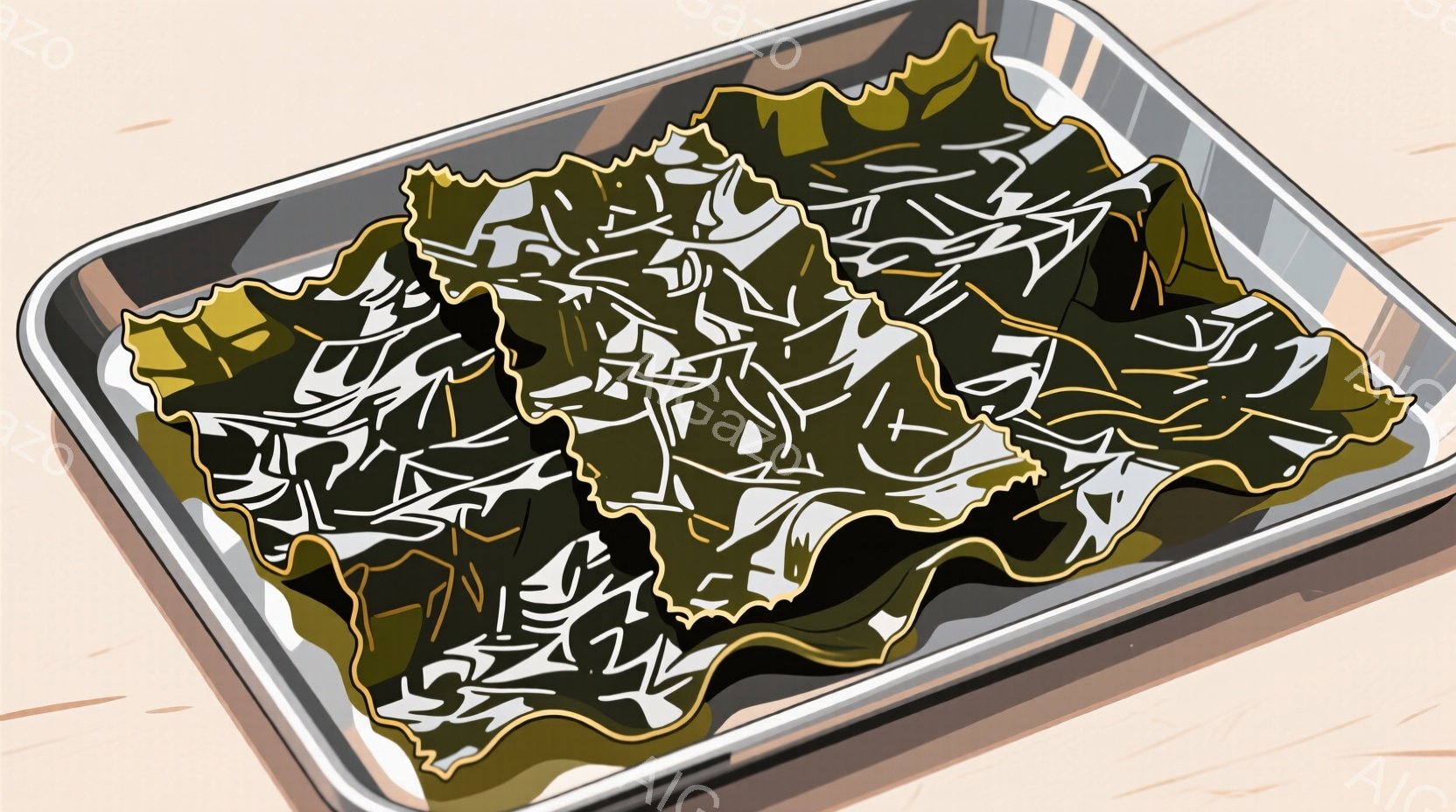 焼き網に乗った海苔の様子が写っています。海苔は濃い緑色と黒色のまだら模様で、シワが寄っており、乾燥しているように見えます。背景は木目調のテーブルで、全体的にシンプルで落ち着いた雰囲気です。