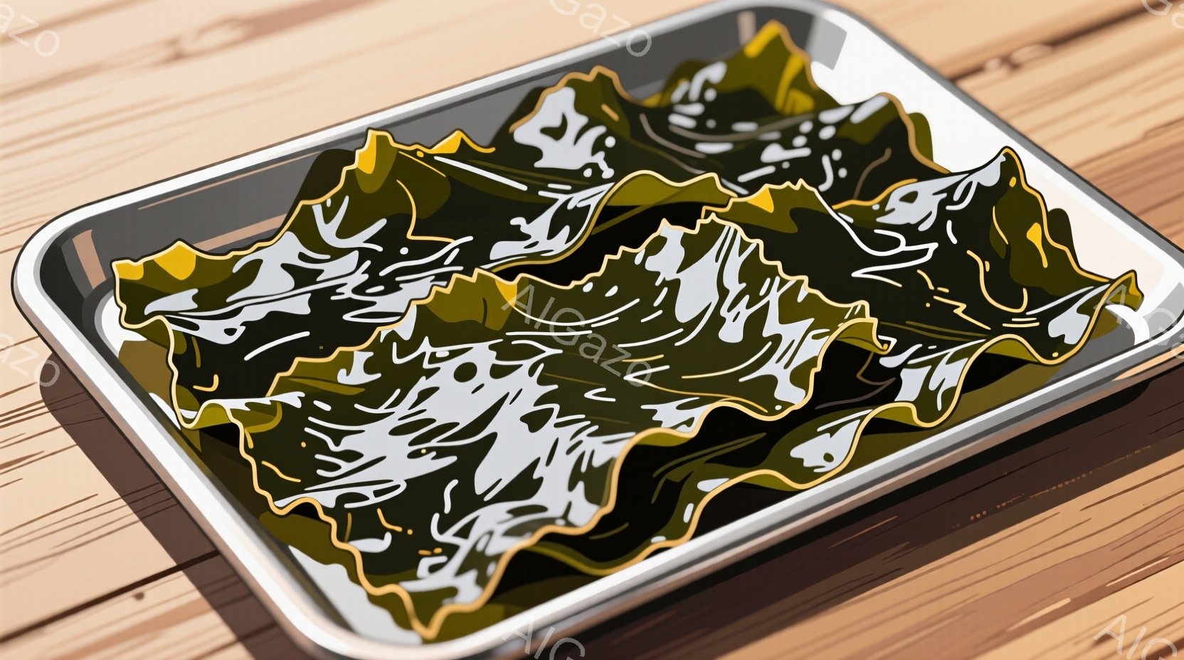 白い縁取りのある長方形の金属製のトレイの中に、緑と黒の抽象的な模様が描かれた液体の入った容器を捉えています。液体の表面は波打ち、まるで墨絵のような流動的なテクスチャを呈しており、木製のテーブルの上に置かれています。全体的に、モダンでミニマルな印象を与え、流動的な自然の美しさを表現しているように見えます。