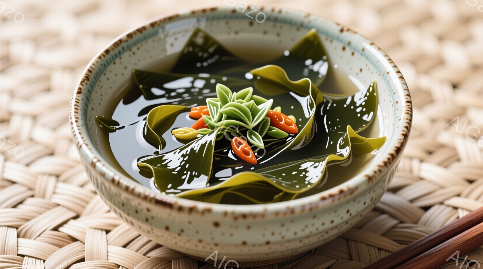 浅い緑色の縁取りのある陶器のどんぶりに、海苔や小さな赤い唐辛子が浸された出汁が入っています。どんぶりは畳のような織られた敷物の上に置かれ、右下には竹製の箸がわずかに見えます。全体的に、シンプルで伝統的な日本の食文化を感じさせる、落ち着いた雰囲気の写真です。