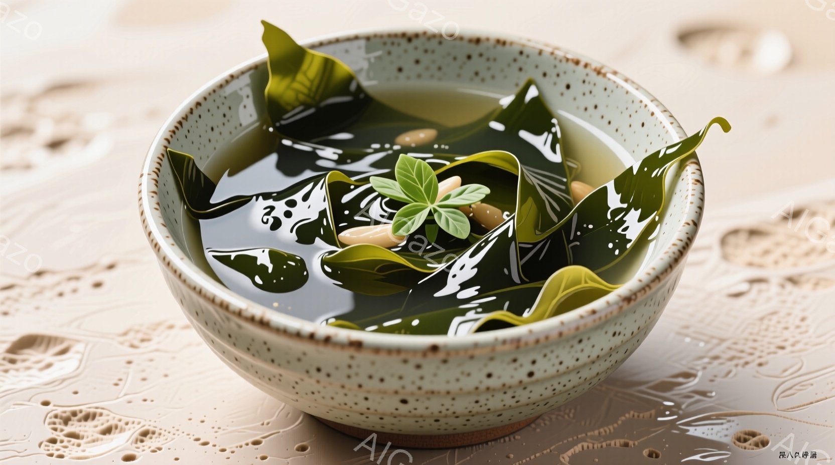 白い斑点のある灰色の茶碗に、緑色の海藻と小さな麺のようなものが浸された透明な汁が盛られています。茶碗の縁には葉が添えられ、全体的に自然で落ち着いた雰囲気を醸し出しています。背景は淡い色の模様が施されたテーブルで、暖かく穏やかな印象を与えます。