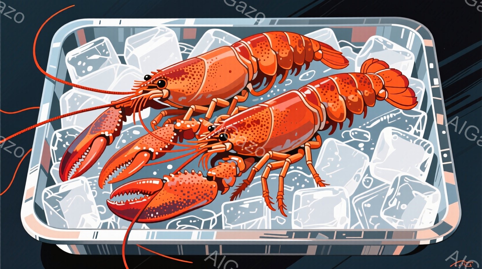 大きなロブスターが氷の上に置かれており、鮮やかな赤色が目を引きます。ロブスターはハサミと脚を広げ、まるで獲物を狙っているかのような姿勢をとっています。背景は黒く、氷の塊が散りばめられており、ロブスター - AI生成フリー素材