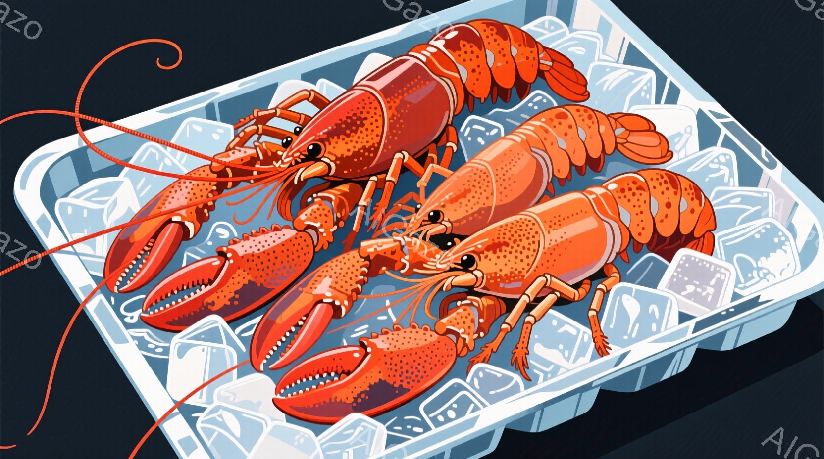 鮮やかな赤色のロブスターが2匹、氷の上に置かれた透明なプラスチック製のトレイに並んでいます。ロブスターは触角を伸ばし、殻には細かい斑点模様が見られます。背景は暗く、氷の冷たさが際立つ、食欲をそそる構図です。