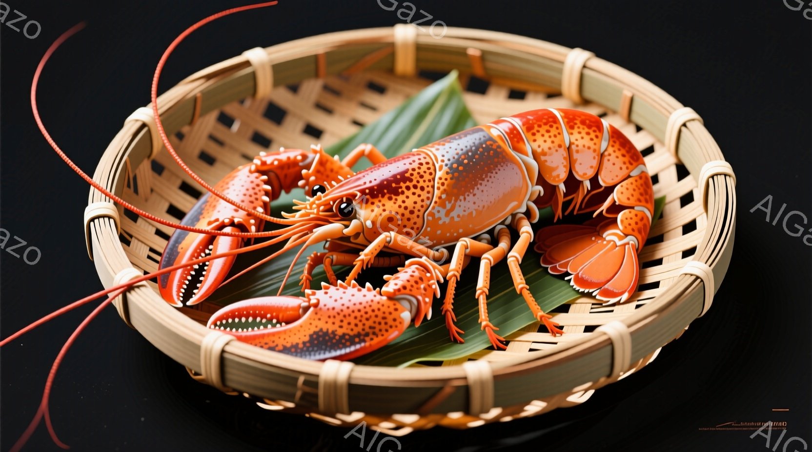 鮮やかな赤いロブスターが、竹製の籠の中に置かれています。緑色の葉がロブスターの下に敷かれており、籠の周りには光の反射が見られます。全体的に、活気があり、食欲をそそる雰囲気です。