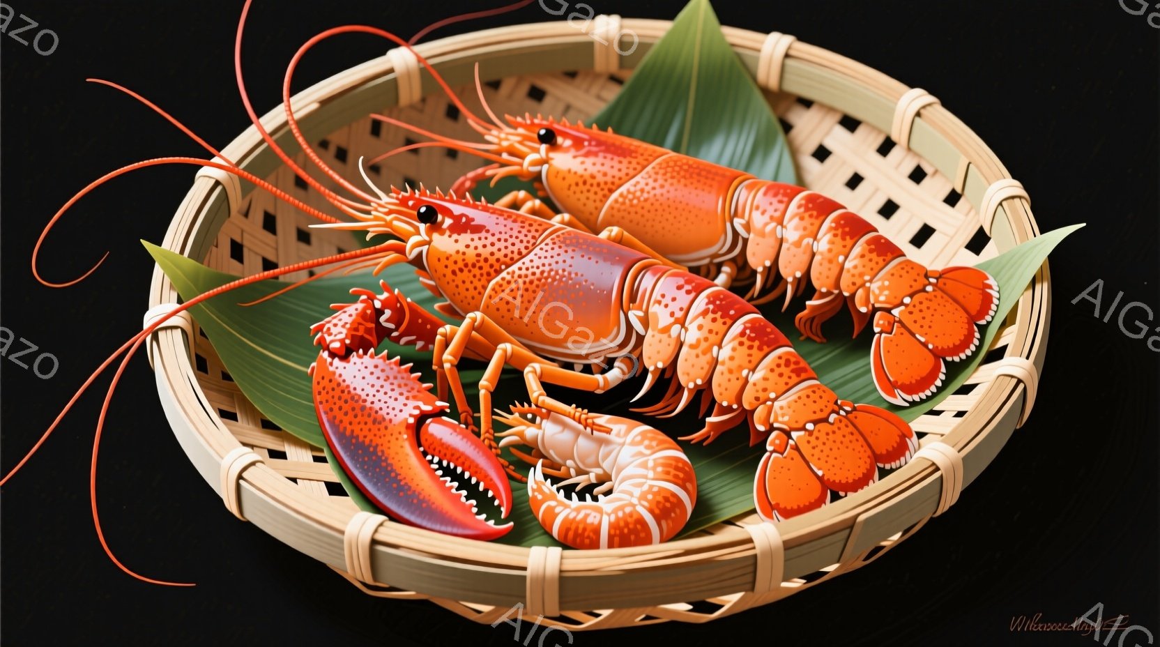 鮮やかなオレンジ色のロブスターが、竹製の蒸し器の中に置かれています。ロブスターは脚を広げ、ひげのような触覚を伸ばしており、非常に生き生きとしています。背景は黒色で、蒸し器の周りには緑色の葉が配置され、ロブスターの鮮やかさを引き立てています。