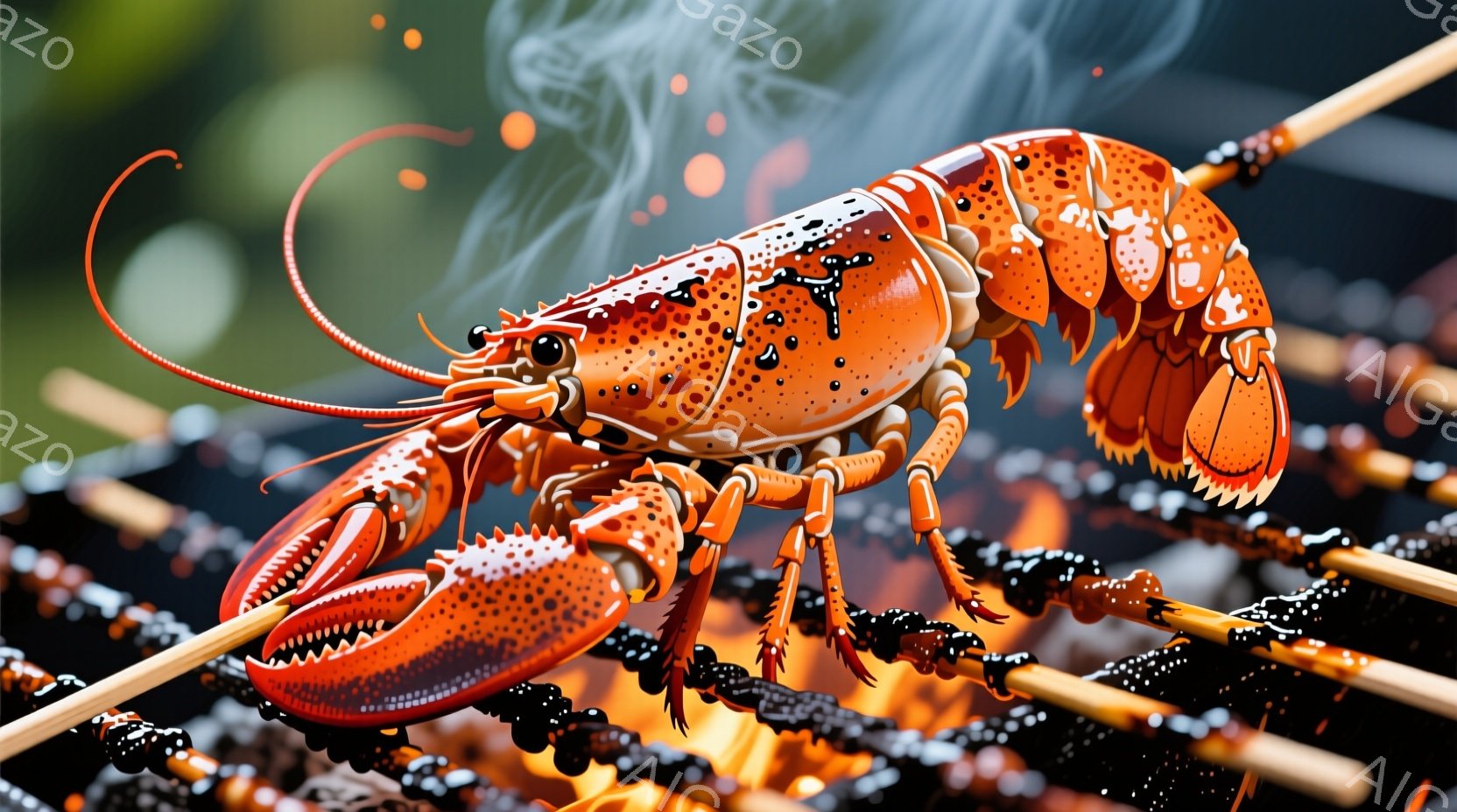 赤いロブスターが串に刺され、炭火の上に調理されている様子が写っています。背景は燃える炭と鉄製のグリルで、蒸気が立ち上り、調理の熱気を表しています。全体的に、食欲をそそる、夏のバーベキューの雰囲気が漂っています。