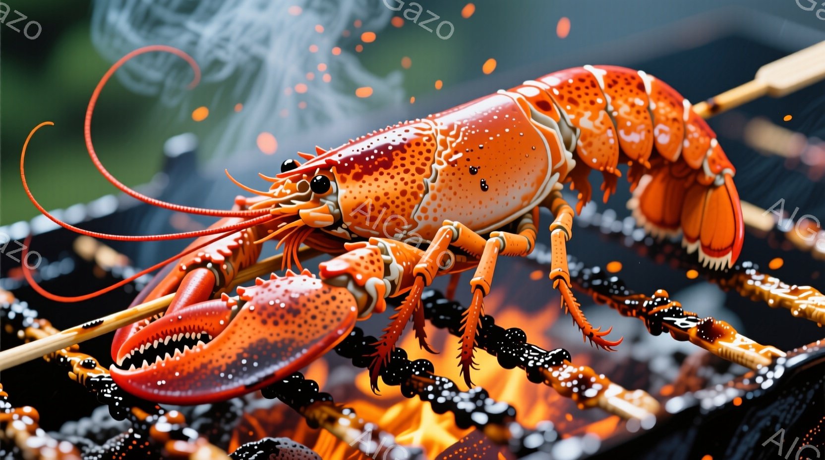 鮮やかなオレンジ色のロブスターが、炭火の上に串刺しにされている様子が写っています。ロブスターの体はつやつやとしており、炭の赤熱と対照的です。背景には炭と炎がぼんやりと見え、調理中の熱気が伝わってきます。