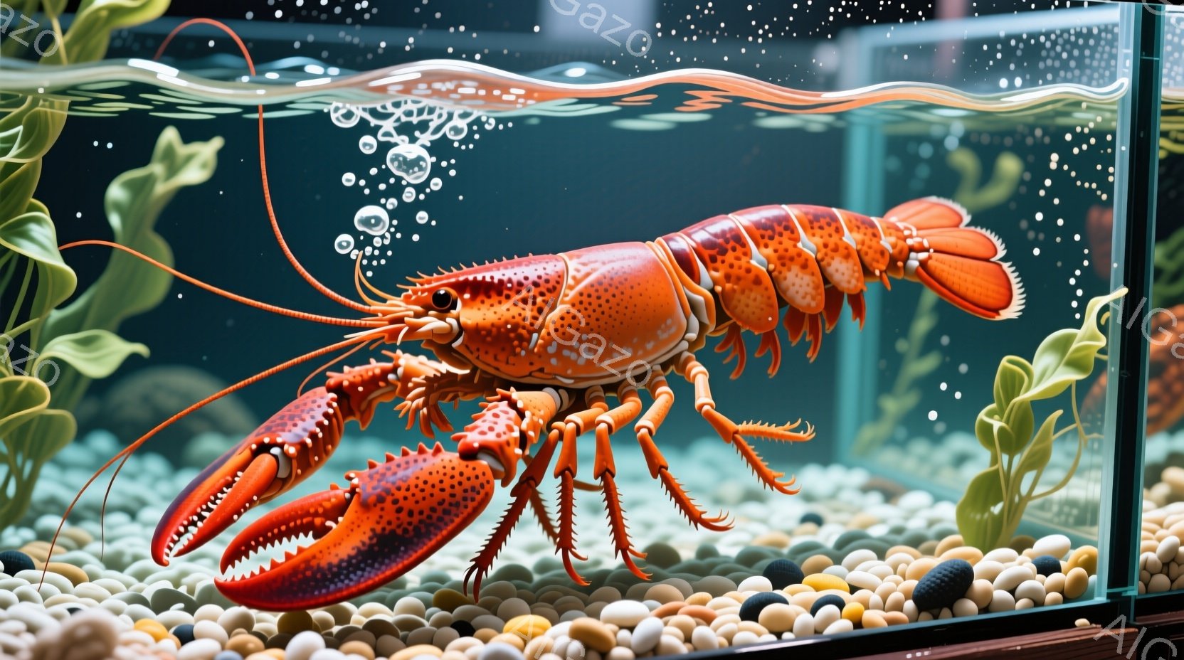 鮮やかなオレンジ色のロブスターが水槽の中で力強く立っています。底には様々な色の小石が敷き詰められ、背景には緑色の水草が生い茂り、水中に泡が漂っています。全体的に、ロブスターが生き生きと生活している海洋 - AI生成フリー素材