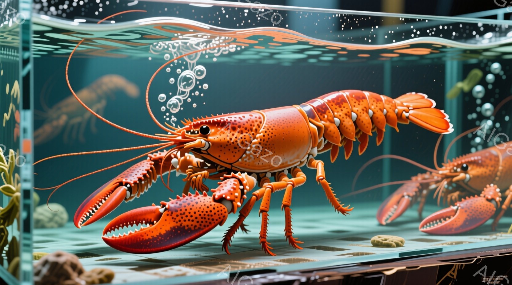 明るいオレンジ色のロブスターが、水槽の中で鮮やかに映えています。ロブスターは前脚を前に出し、警戒するかのような姿勢をとっています。背景には水中の植物や他のロブスターのシルエットが見え、水中に泡が漂って - AI生成フリー素材