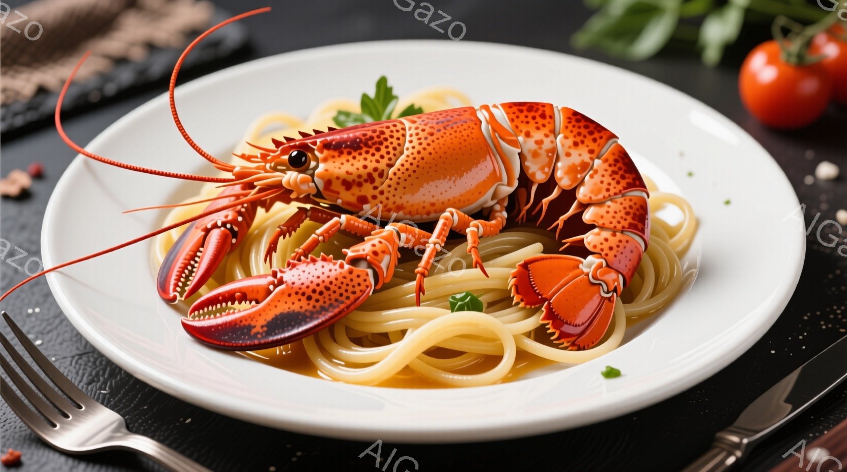 白い皿に、茹でたパスタの上に大きなロブスターが乗っています。ロブスターは鮮やかなオレンジ色で、パスタと緑色のハーブが添えられています。背景には、トマトやスパイスなどの食材がぼんやりと見え、食欲をそそる - AI生成フリー素材