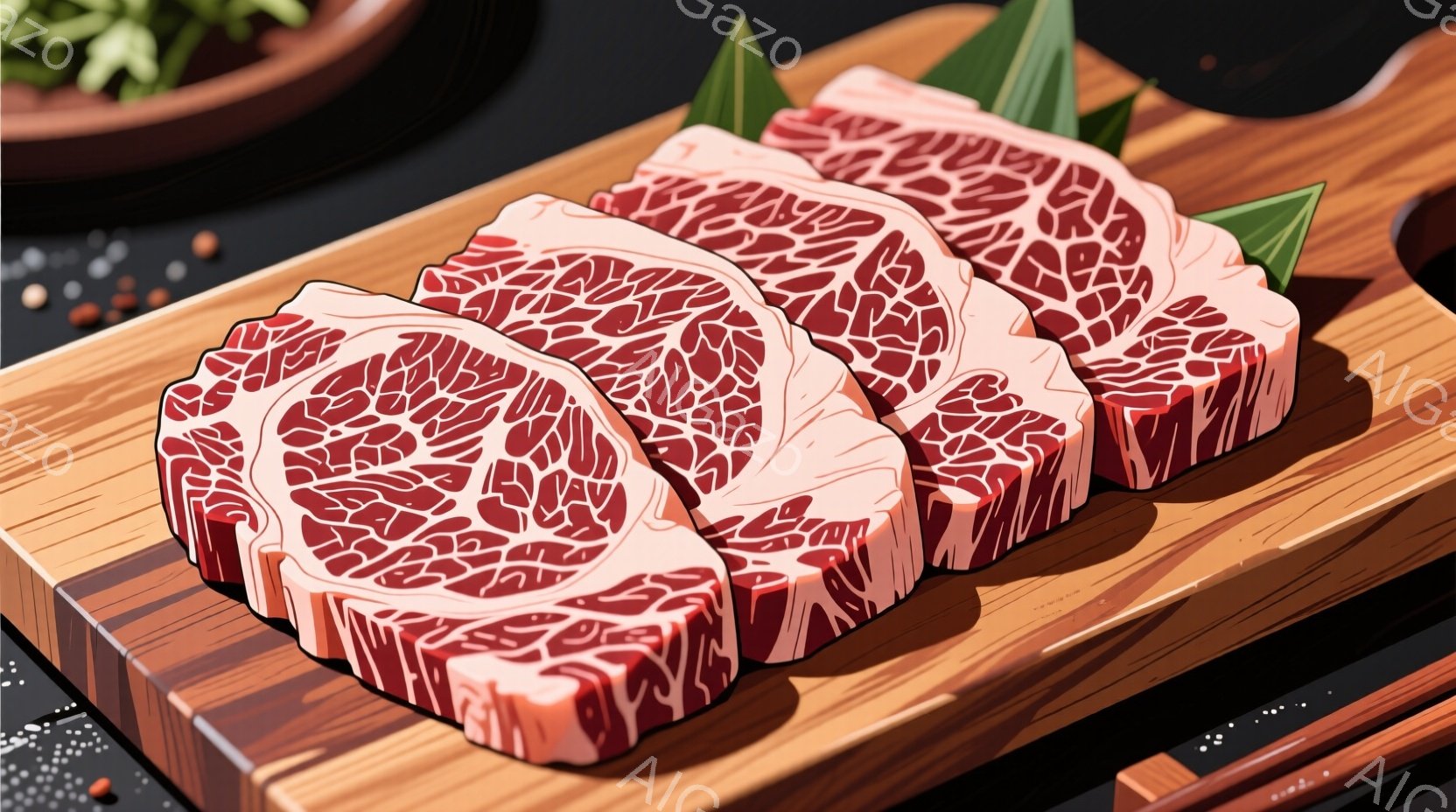 薄切りの牛肉が木製のボードに並べられており、赤身と脂身の美しい模様が特徴的です。鮮やかな緑色の付け合わせが添えられ、黒胡椒が散りばめられています。全体的に暖色系の色調で、食欲をそそる雰囲気が漂っていま - AI生成フリー素材