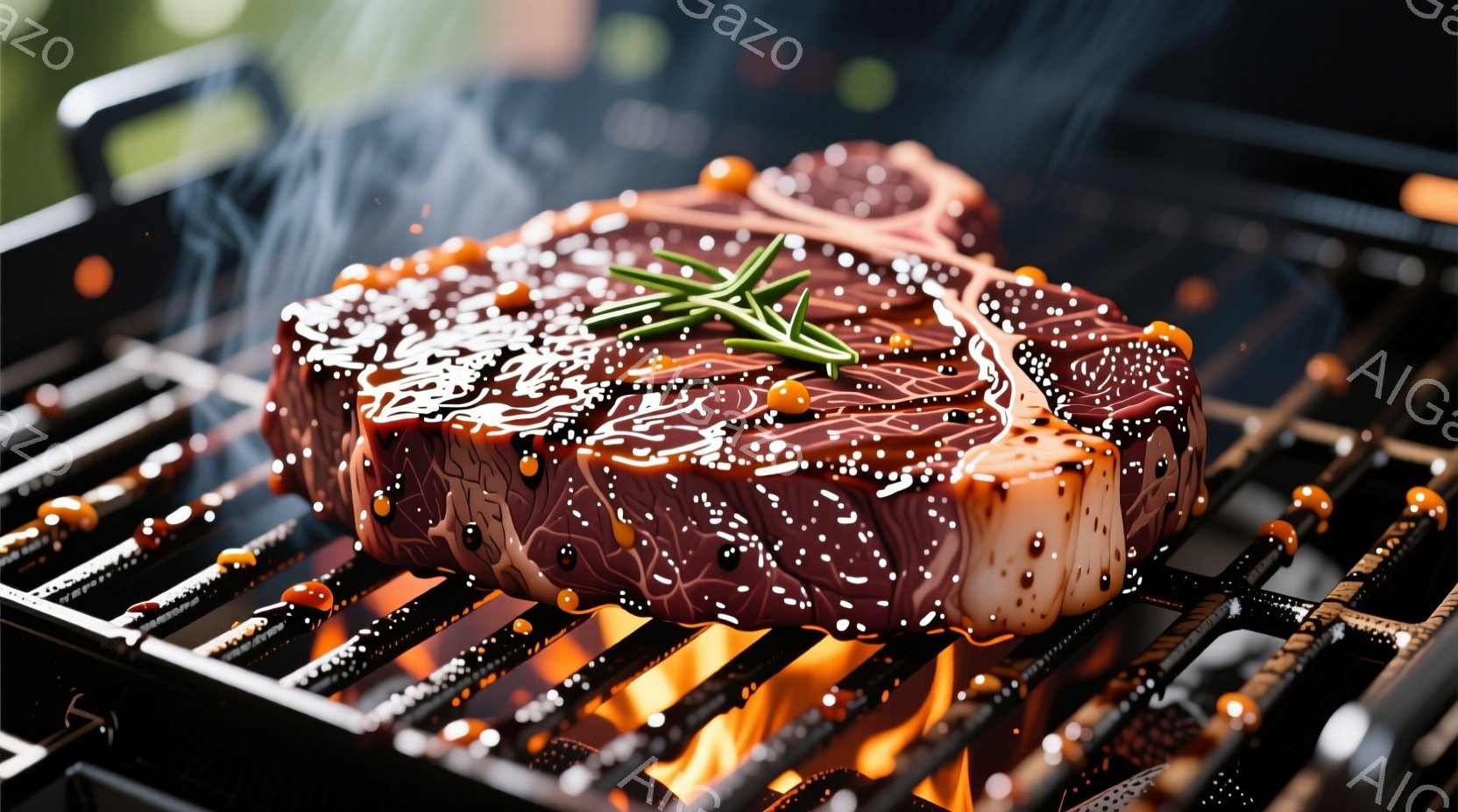 厚切りのステーキがグリル網の上で焼かれています。肉の表面には焦げ目がつき、ハーブの緑が鮮やかに映えています。炎と煙が立ち込め、食欲をそそる熱い雰囲気が漂っています。 - AI生成フリー素材