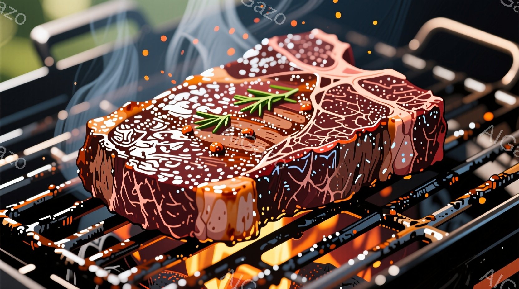 厚切りステーキがグリル網の上で焼かれており、表面には焼き目がつき、ハーブが添えられています。グリル網の下には炎が燃え盛り、焼ける香りが漂ってくるような情景です。全体的に暖色系の色調で、食欲をそそる雰囲 - AI生成フリー素材