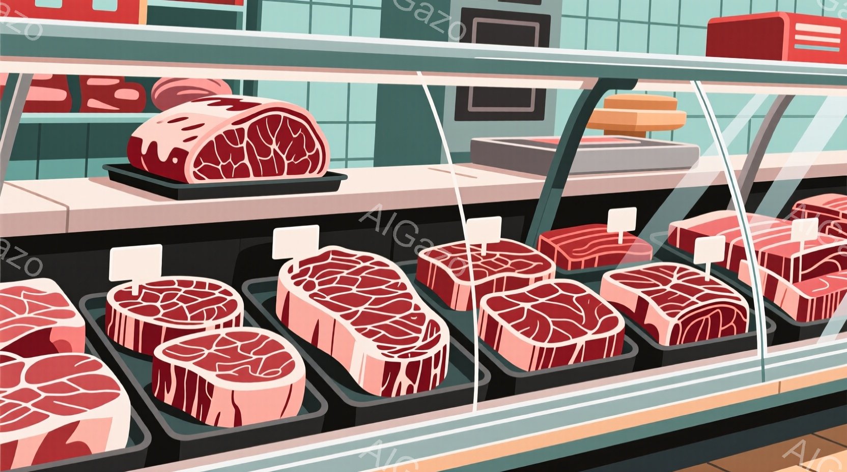 ガラスケースの中に、赤身と脂肪が美しい牛肉の塊やステーキカットが整然と並べられています。それぞれの肉には小さな白い値札が付けられており、鮮やかなピンク色と赤色が食欲をそそります。背景はシンプルで、肉の鮮やかさを際立たせるように設計されており、肉屋やスーパーマーケットの一角と思われます。