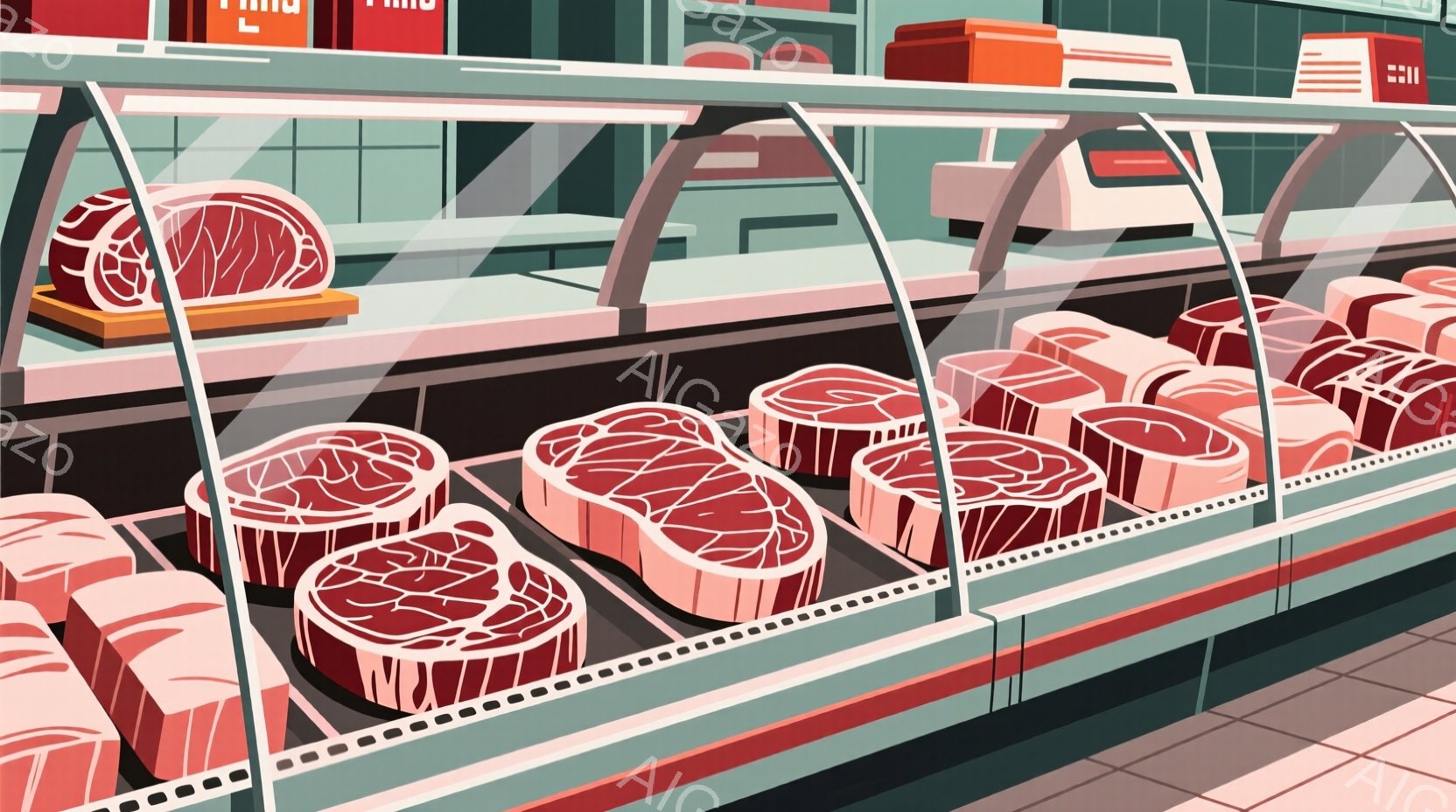 ステンレス製のトレイに、赤身と脂身が織り交ぜられた豚バラ肉が整然と並べられています。肉は鮮やかなピンク色で、まるで芸術作品のように見えます。背景は暗い反射面で、肉の鮮やかさを際立たせています。