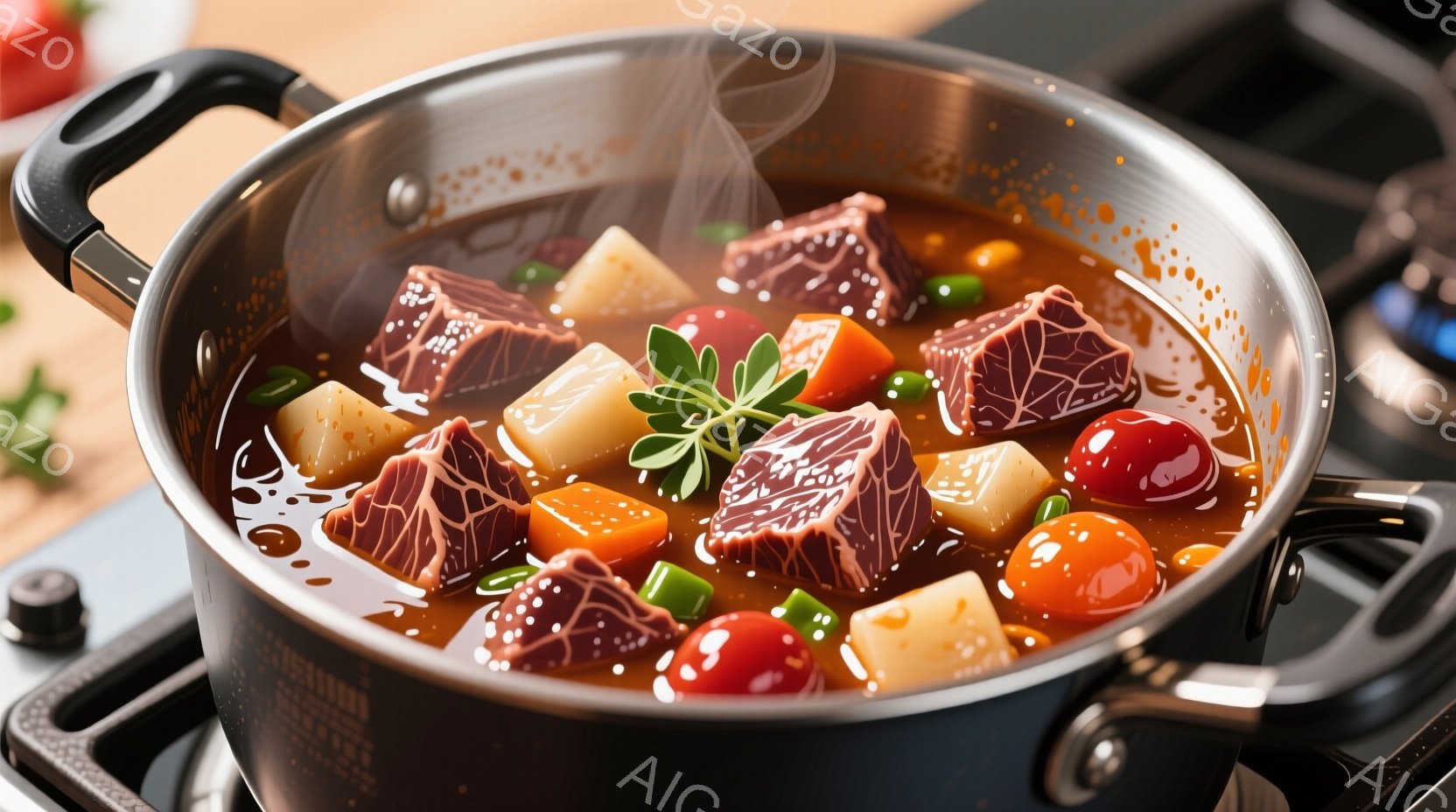 鍋の中に、角切りされた牛肉、ジャガイモ、ニンジン、ミニトマトなどが煮込まれたシチューが見える。湯気が立ち上り、トマトの赤、ジャガイモの白、肉の赤身が食欲をそそる暖かな雰囲気を醸し出している。黒いコンロの上に置かれた鍋は、家庭的な料理の温かさを強調している。