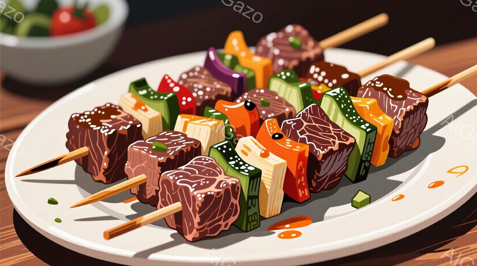 白い皿の上に串刺しの肉料理が並べられています。肉、緑色のキュウリ、オレンジ色の人参、そして他の野菜が交互に串に刺さっており、その表面には小さな緑色の点々が見られます。背景には木製のテーブルが映り、左奥にはサラダが入った白い器がわずかに見えます。