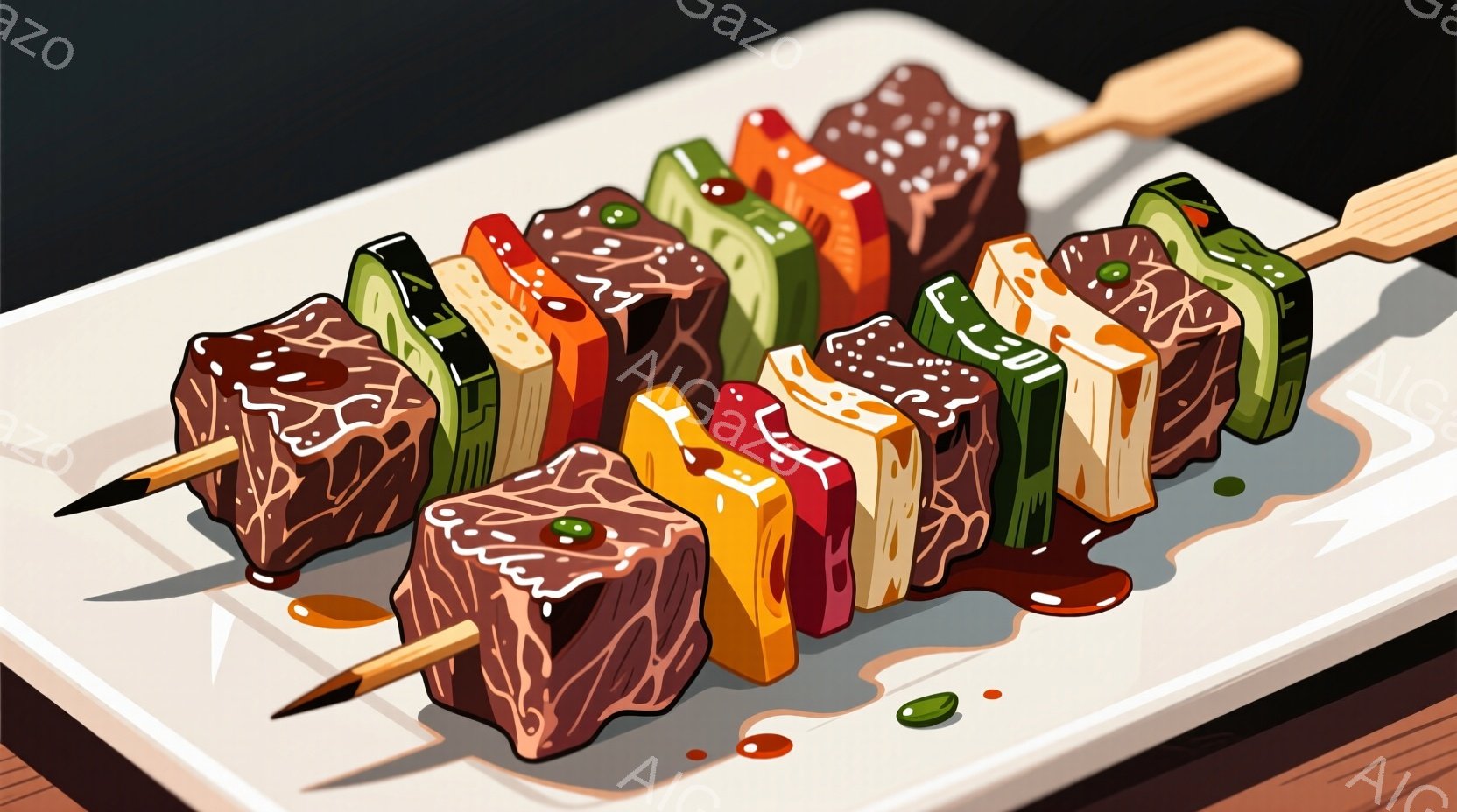 白い皿に串刺された様々な食材が並べられています。赤身の肉、オレンジ色の野菜、緑色のキュウリなどが交互に並び、全体にタレがかかっています。皿の上には緑色の細かいものが散らばっており、食欲をそそる鮮やかな色彩が特徴的です。