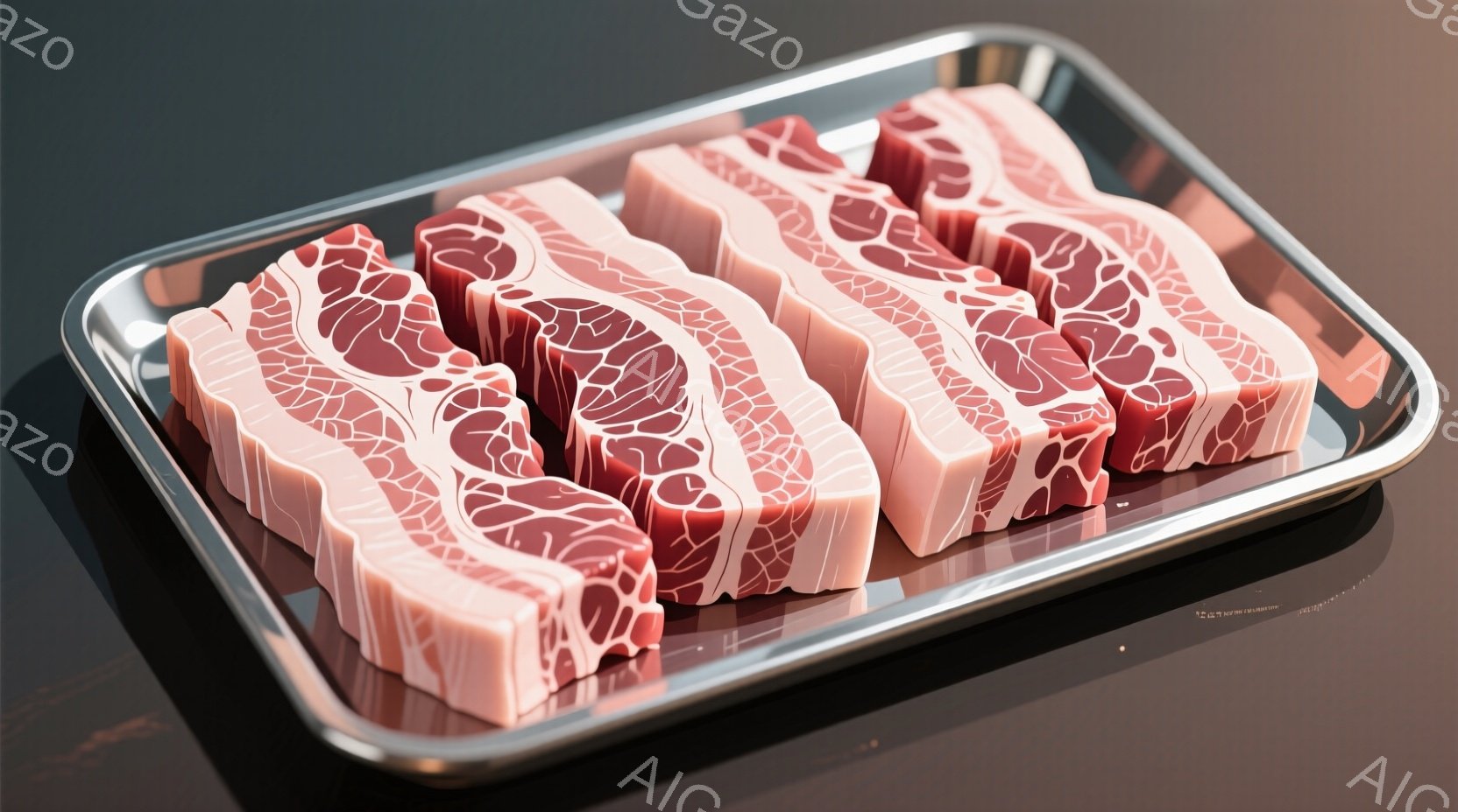 金属製のトレイに並べられた豚バラ肉のスライスが写っています。肉はピンク色で、白く脂身の入った層がはっきりと見えます。背景は暗い反射面で、肉のスライスが際立っています。