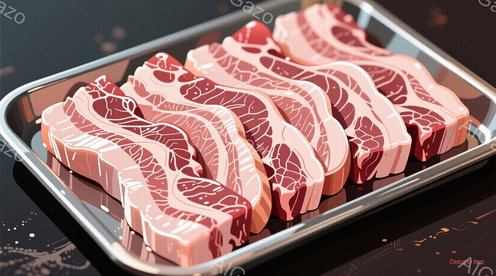 鮮やかなピンク色の薄切りの牛肉が、金属製のトレイに整然と並べられています。牛肉の模様は、まるで抽象的なアート作品のように、独特の曲線と色彩で表現されています。背景は暗いグレーで、牛肉の鮮やかさを際立たせており、全体的にモダンで洗練された雰囲気です。