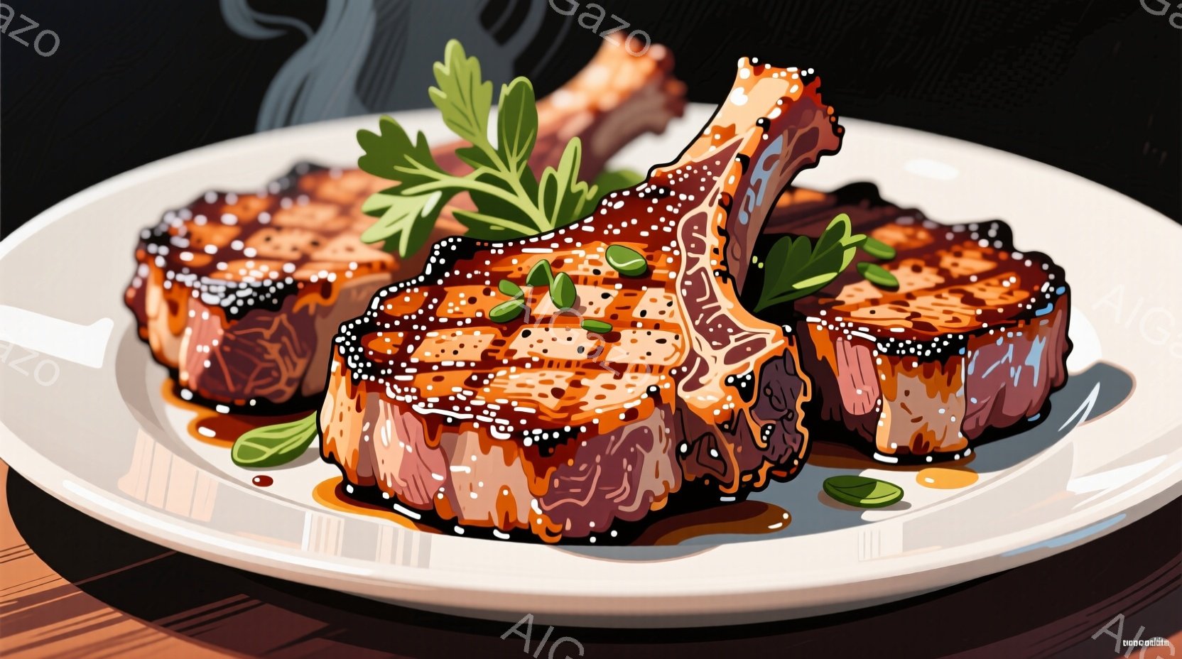 皿に盛られた、骨付きのステーキ肉が2つ並んでいる。肉は表面にスパイスがまぶされ、焼き加減はミディアムレアで、肉汁が輝いている。皿にはソースが流れ、緑色のハーブと小さな緑色の粒が添えられており、食欲をそそる様子が表現されている。