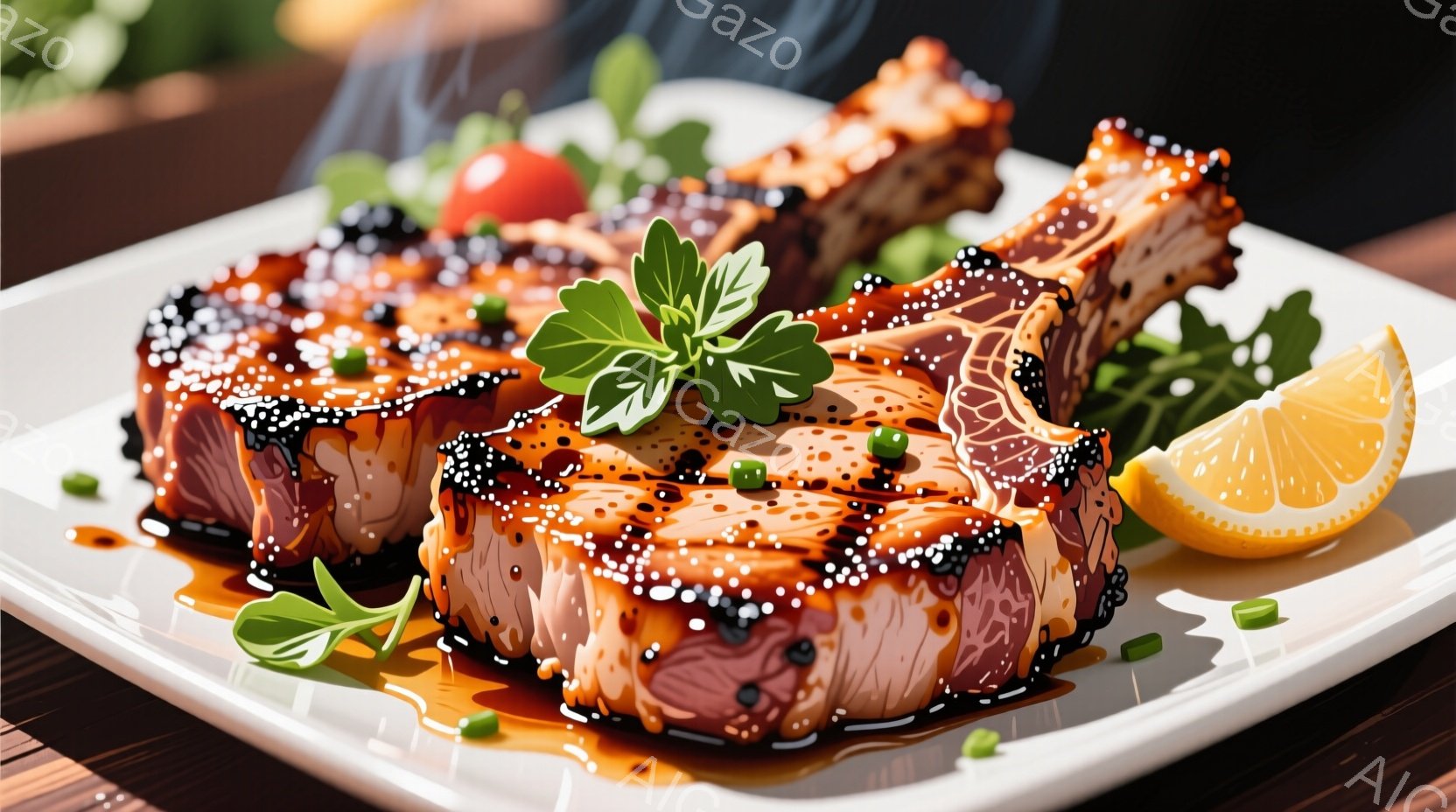 厚切りステーキが白い皿に盛られています。ステーキには照り焼きのようなソースがかかり、緑色のハーブ、刻んだネギ、レモンスライスが添えられています。背景はぼやけていますが、木製のテーブルの一部が見え、落ち着いたレストランの雰囲気が漂っています。