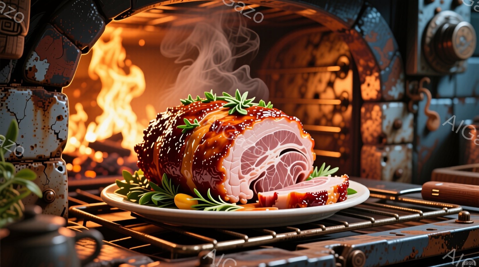 鮮やかな赤色の大きなローストビーフが、白い皿に乗せられ、緑色のハーブで飾られています。背景には、炎が燃え盛るオーブンの内部と、金属製の格子、操作パネルが見え、調理中の熱気が立ち込めています。全体的に暖 - AI生成フリー素材