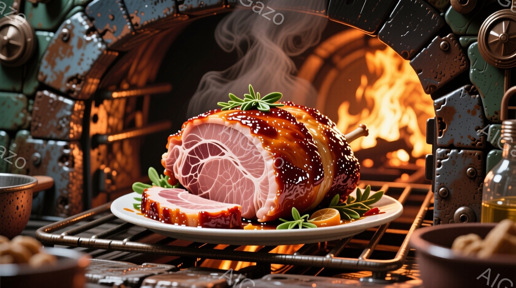 焼きたてのハムの塊が白皿に盛られ、緑色のハーブで飾られています。背景には燃え盛る炎と、錆び付いた金属製の調理器具が並んだ厨房の一部が写っており、温かく、食欲をそそる雰囲気です。ハムの断面からは肉汁が溢 - AI生成フリー素材