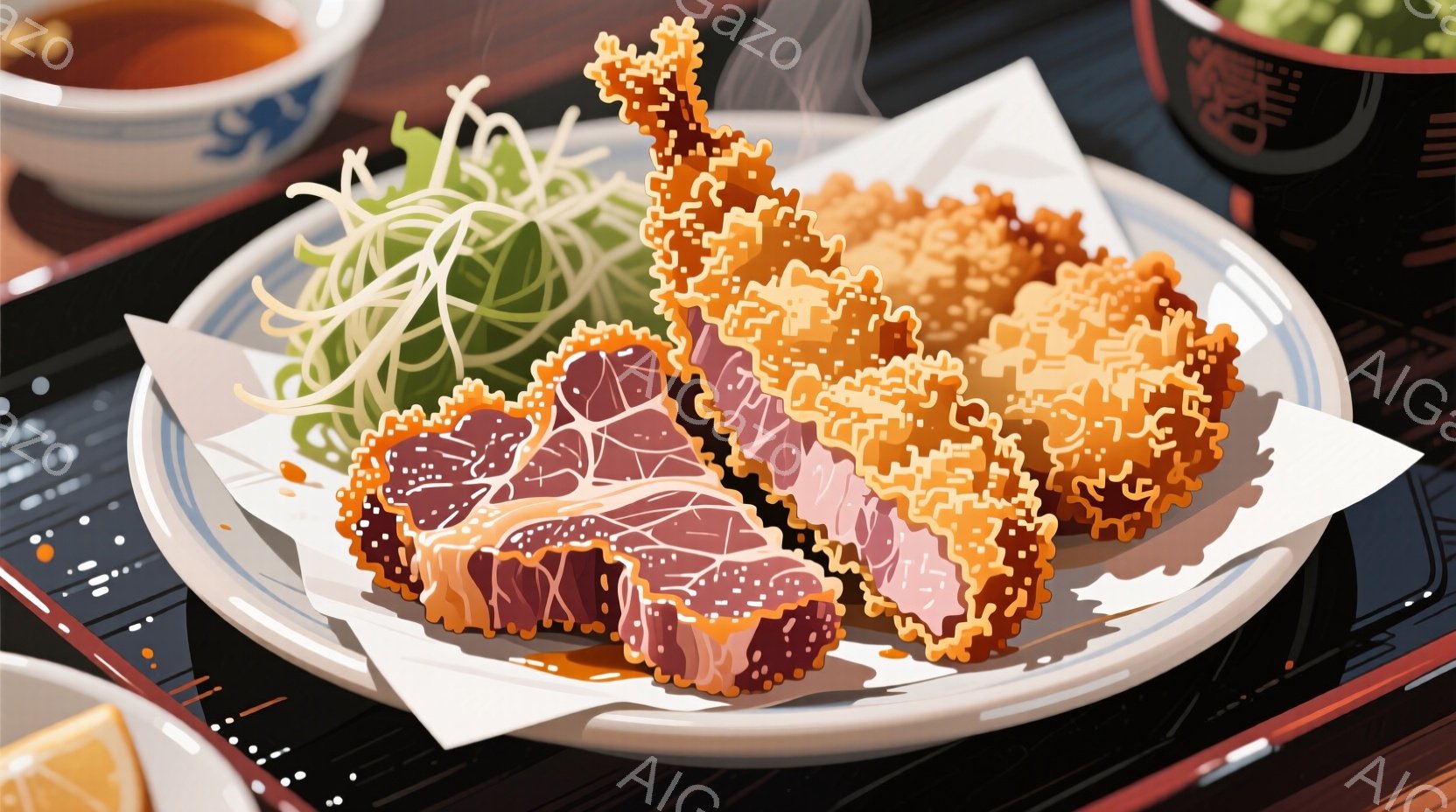 白い皿に、揚げたカツレツとキャベツの千切りが盛り付けられています。カツレツは衣が細かく、ソースがかけられており、美味しそうです。背景には、漆塗りの膳と茶色の湯呑みが写り、料理をより引き立てています。