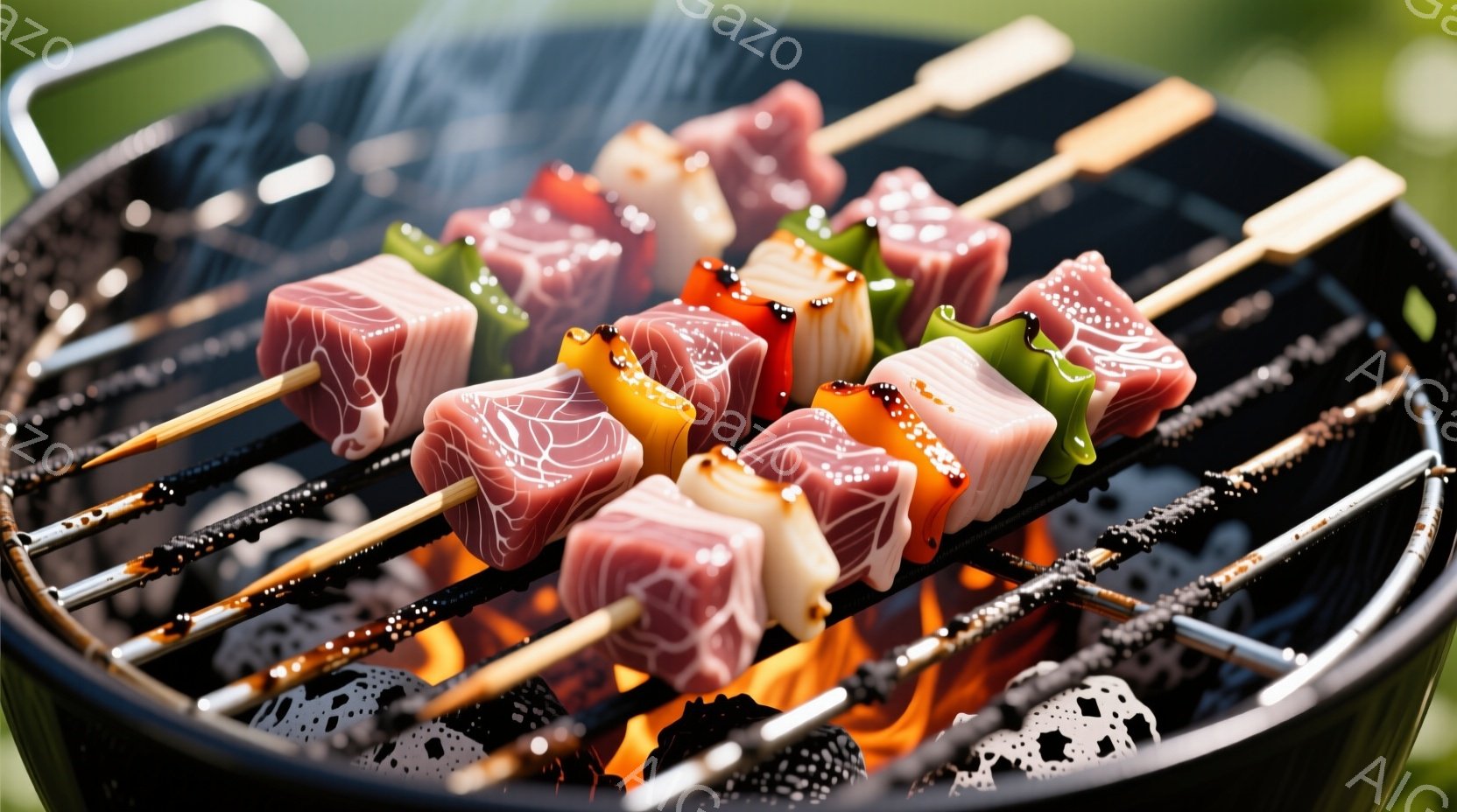 串に刺されたマグロの角切りが炭火で焼かれています。グリルは黒色で、白と黒の縞模様の炭が赤く光っており、炎が上がっています。背景はぼやけており、屋外のバーベキューの様子が伺えます。