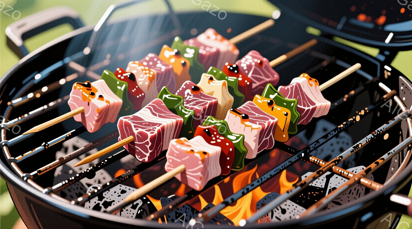 串に刺された鶏肉の照り焼きが、緑色の葉の上に並べられています。照り焼きソースは照りがあり、肉の表面にきらめき、串の間に挟まれた緑色の野菜とのコントラストが鮮やかです。背景は黒い木製の板とわずかな木目が確認でき、照り焼きの美味しさを引き立てています。