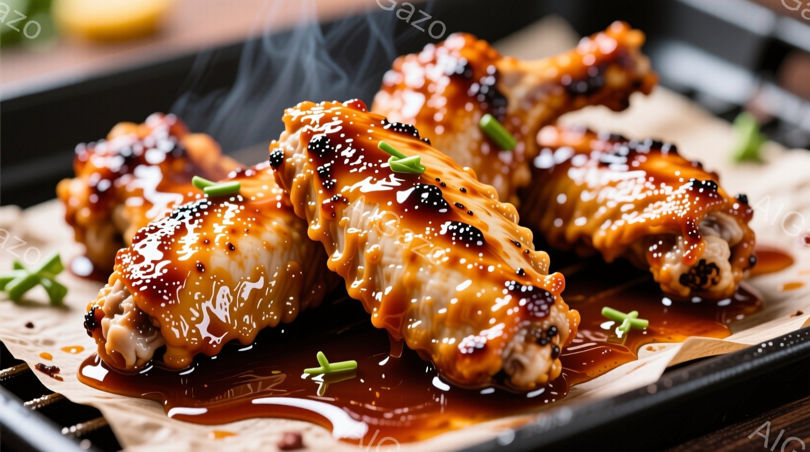 照り映える甘辛いタレが塗られた鶏の唐揚げが、パーチメントペーパーを敷いた黒いトレーに盛られています。みじん切りの緑色のネギが添えられ、蒸気が立ち上る様子から、焼きたてであることがわかります。全体的に食欲をそそる、温かい雰囲気が漂っています。