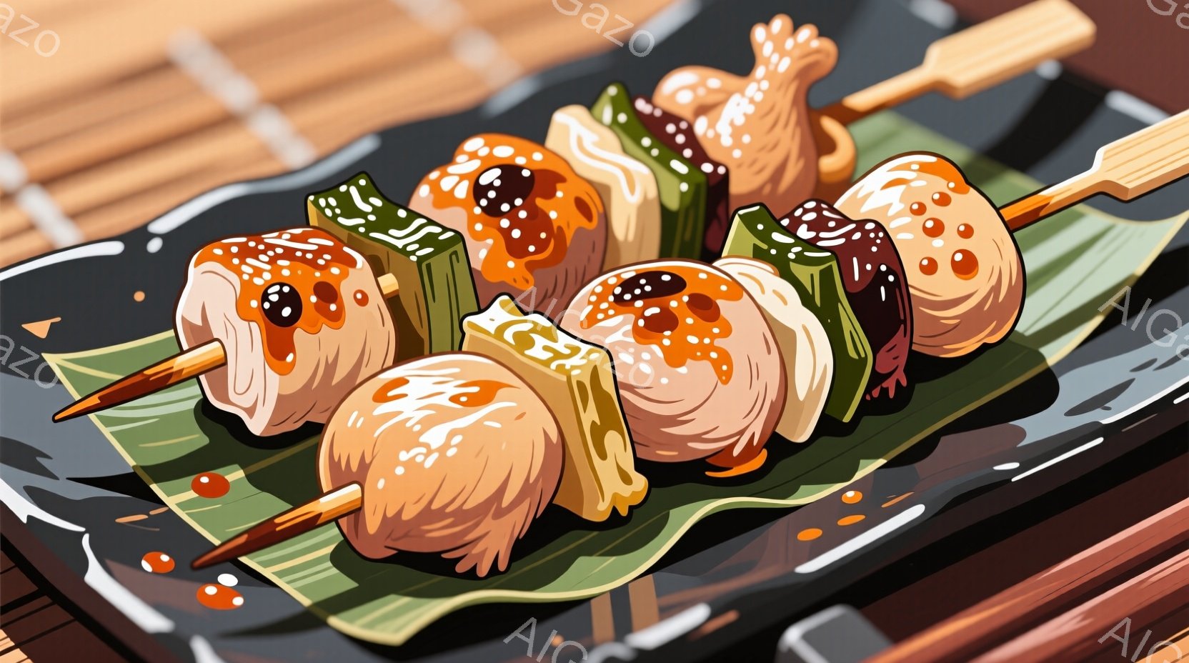 串に刺された鶏肉の焼き鳥が、緑色の葉の上に並べられています。照り焼きのような甘辛いタレが塗られており、美味しそうに見えます。黒色の皿と竹の背景が、和の雰囲気を強調しています。