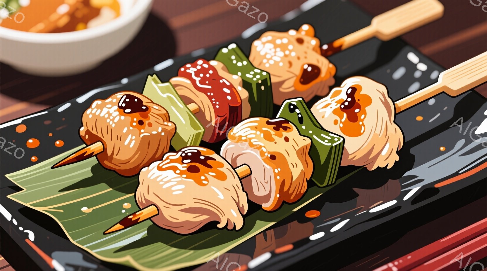 串に刺された鶏肉の団子焼きが、緑色の葉の上に乗せられた状態で撮影されています。焼き鳥には照り焼きソースのようなものがかかっており、美味しさを引き立てています。背景には、他の料理の一部が見え、暖かく落ち着いた雰囲気が漂っています。