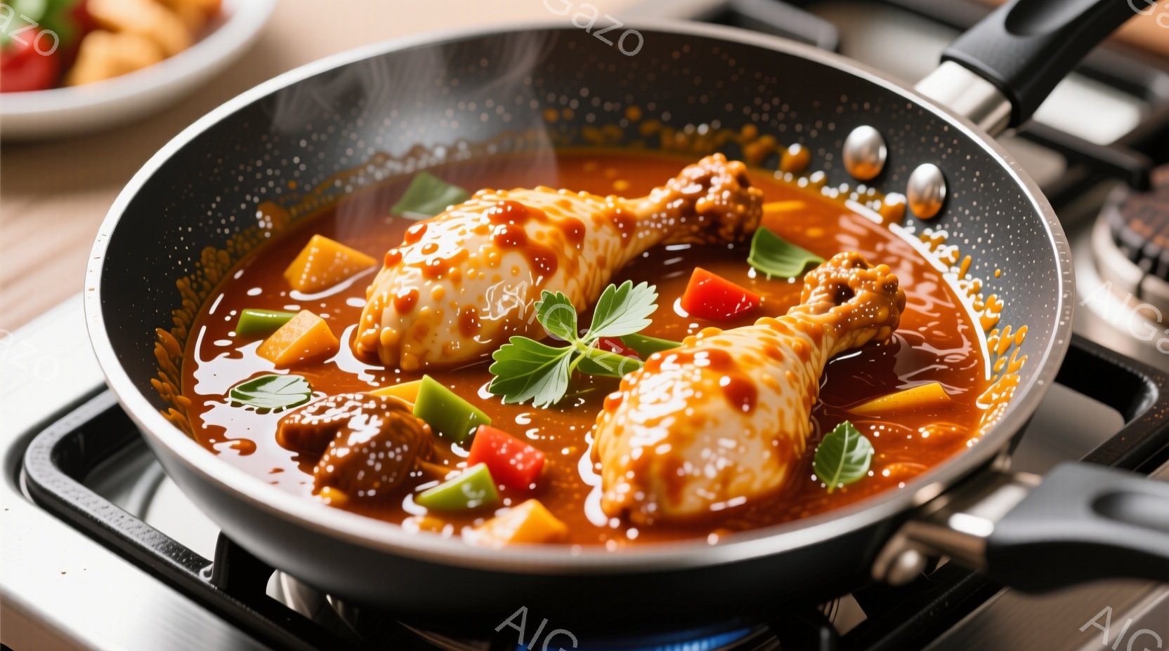 鍋の中で照り焼きのようなソースで煮込まれた鶏もも肉が2つ、美味しそうに並んでいます。背景には、まだ半分残っていると思われる皿と、ガスコンロのバーナーが見え、温かい家庭料理の雰囲気が漂っています。赤、緑、オレンジ色の野菜がソースの中で彩りを添え、食欲をそそります。