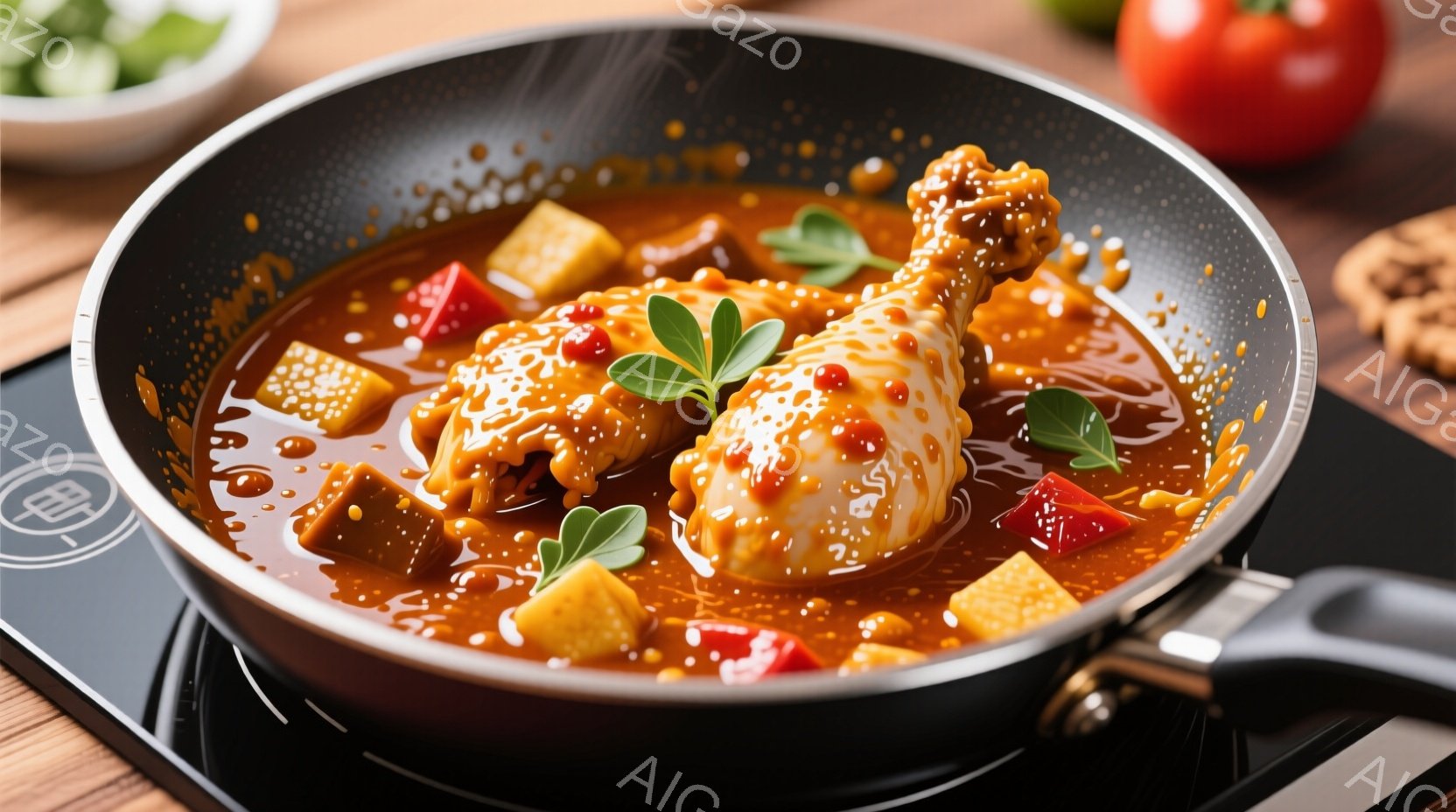 鍋の中で、照り輝く鶏肉のドラムスティックが、赤、黄色、オレンジ色の野菜と煮込まれています。鍋は木製のテーブルに置かれ、その背景にはぼやけた緑色のプレートと赤いトマトが見えます。全体的に暖かく食欲をそそ - AI生成フリー素材