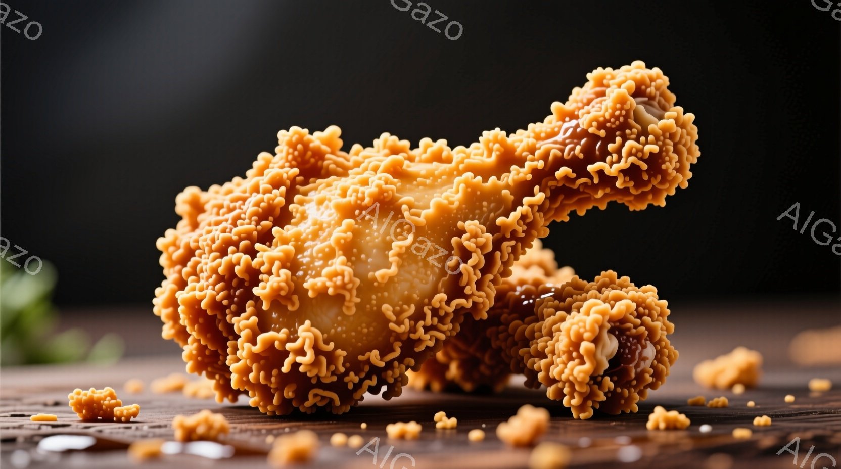 黄金色に揚げられたフライドチキンのピースが、木製のテーブルの上に置かれている。カリカリとした衣は複雑な模様を描き、細かく砕けた衣がテーブル上に散らばっている。背景は暗く、焦点の合わない緑色の葉がわずかに見える、食欲をそそる静物画のような雰囲気である。