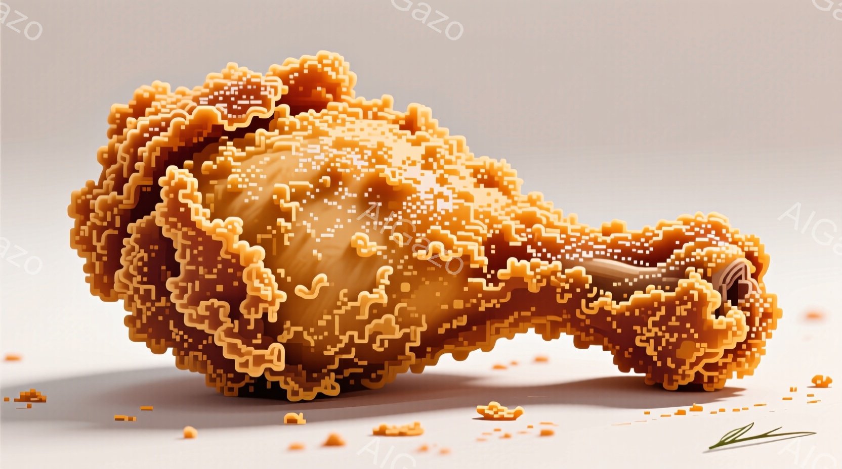巨大な鶏のナゲットのような、複雑な形状の物体を描写しています。表面は細かい突起で覆われ、まるでコンピューターグラフィックスで生成されたテクスチャのようです。周囲には、細かいパン粉のようなものが散らばっており、全体的に美味しさを感じさせる温かい雰囲気です。