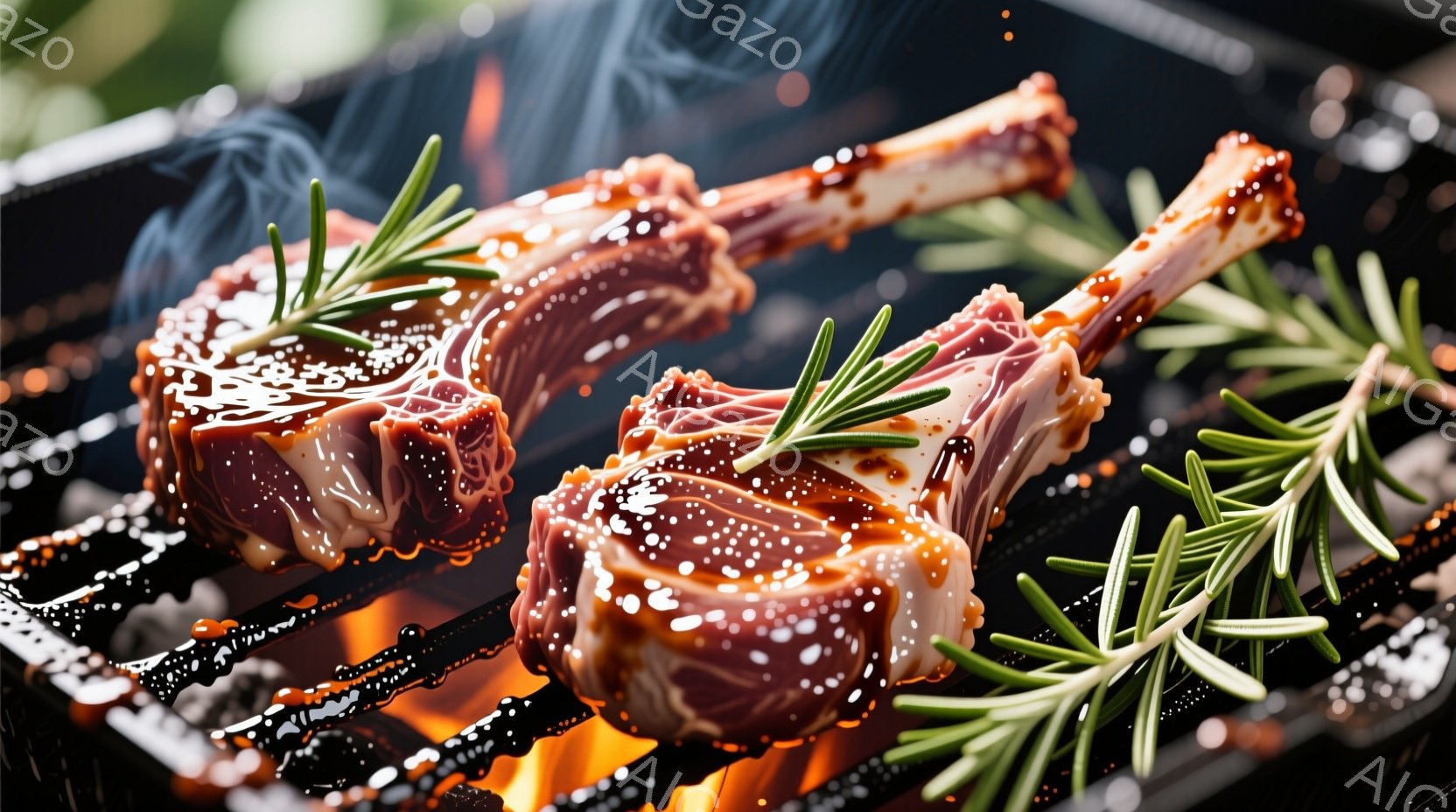 厚切りラムチョップがグリル網の上で焼かれています。肉には胡椒が振られ、フレッシュなローズマリーの枝が添えられています。炎と煙が立ち込め、食欲をそそる、暖かく豪快な雰囲気です。