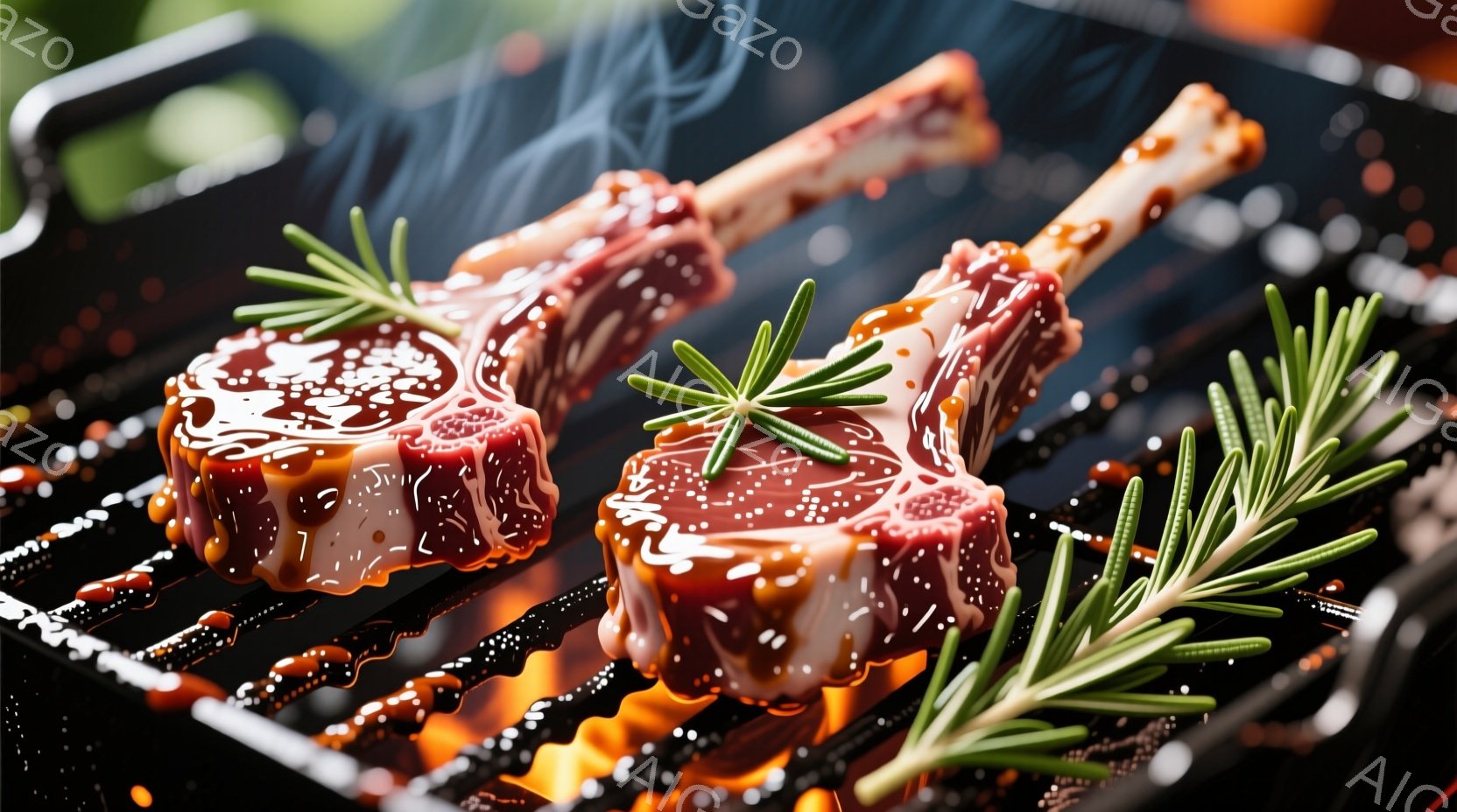 焼きたてのステーキが二つ、グリル網の上でジュージューと音を立てています。肉の表面は艶やかで、緑色のハーブ（ローズマリーと思われる）が添えられ、美味しさを引き立てています。背景には熱い炎とグリル網の模様 - AI生成フリー素材