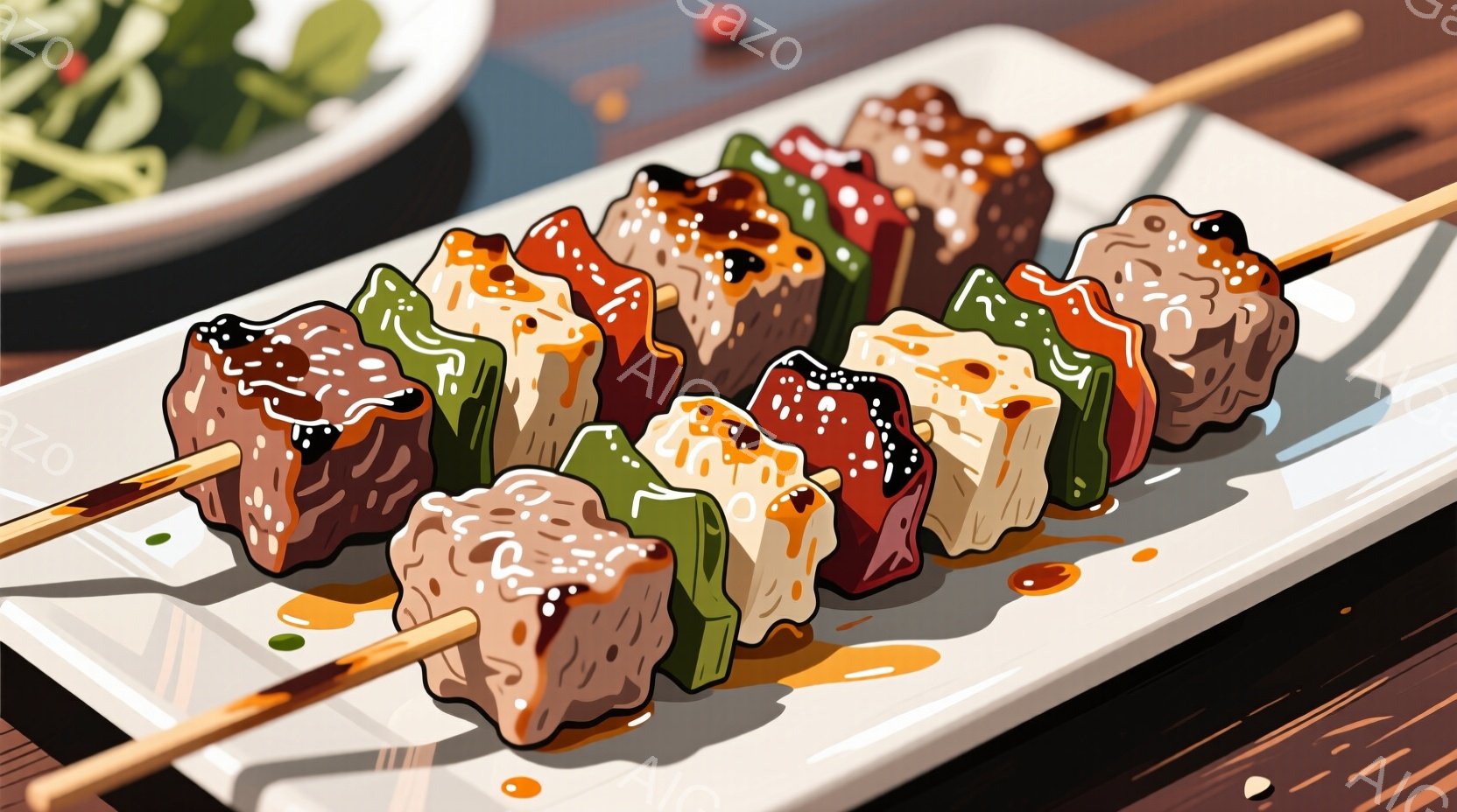 白い長方形の皿の上に串刺しの肉が2本乗っています。肉は様々な色（茶色、緑、赤、白）をしており、照り照りとしたタレがかかっています。背景には少しだけ緑色の野菜が見え、全体的に食欲をそそる雰囲気です。 - AI生成フリー素材