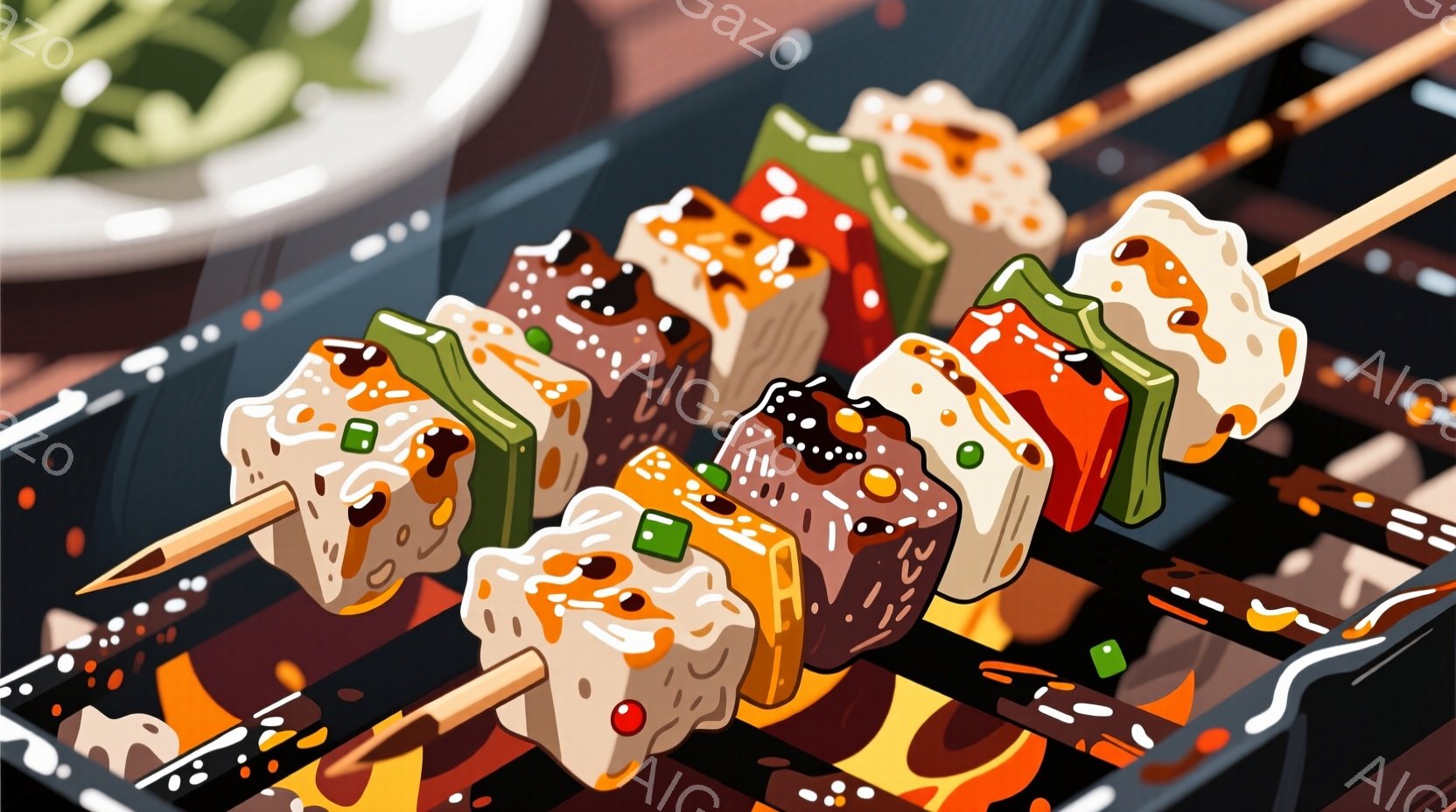 串に刺された様々な色の角形のお団子が並んでいる。お団子は白、緑、オレンジ、茶色などの色をしており、表面には緑色の小片が散りばめられている。背景には焼網があり、オレンジ色の炎が立ち上っている様子が描かれている。